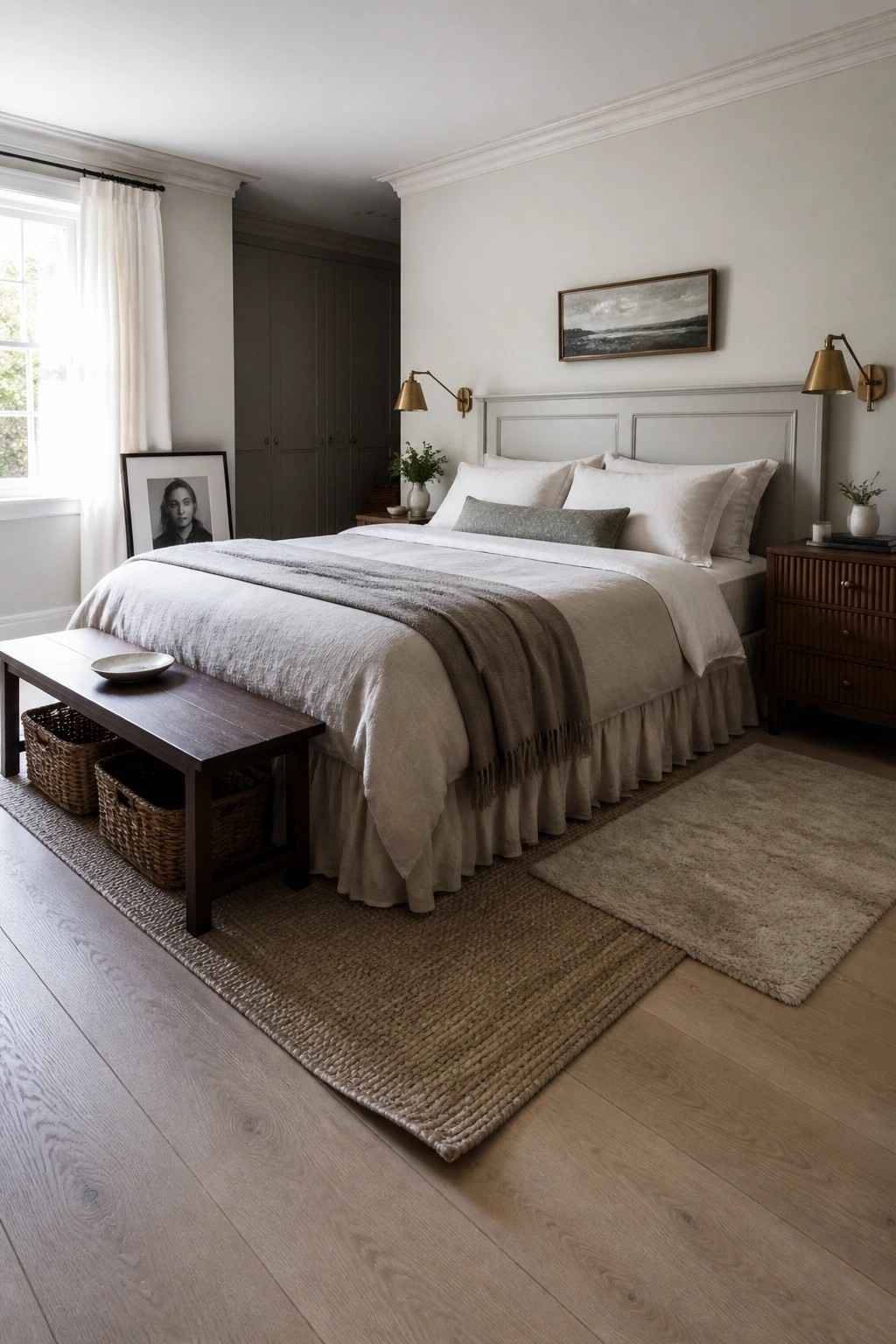A bedroom interior with light wood plank flooring, a large bed with white and beige bedding, a wooden bench, woven baskets, and layered rugs.