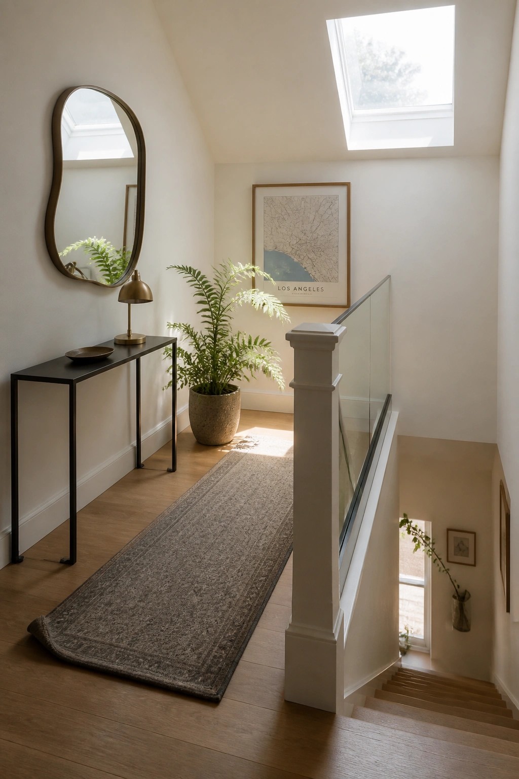 An interior view of a light wood floor hallway with a gray patterned runner, console table, mirror, potted plant, framed art, and staircase with white railing.
