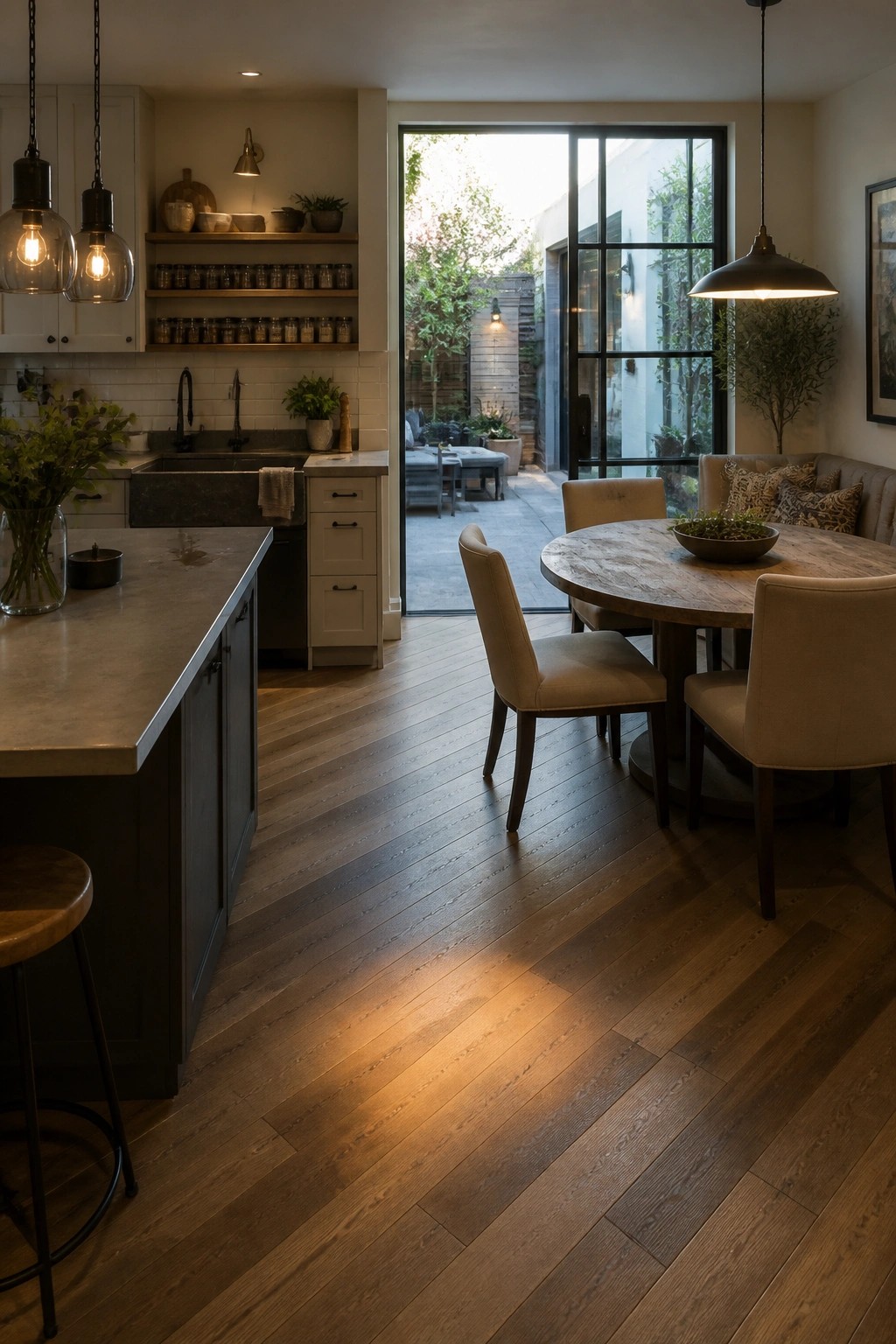 Modern kitchen with concrete island, round wooden dining table, and open patio doors