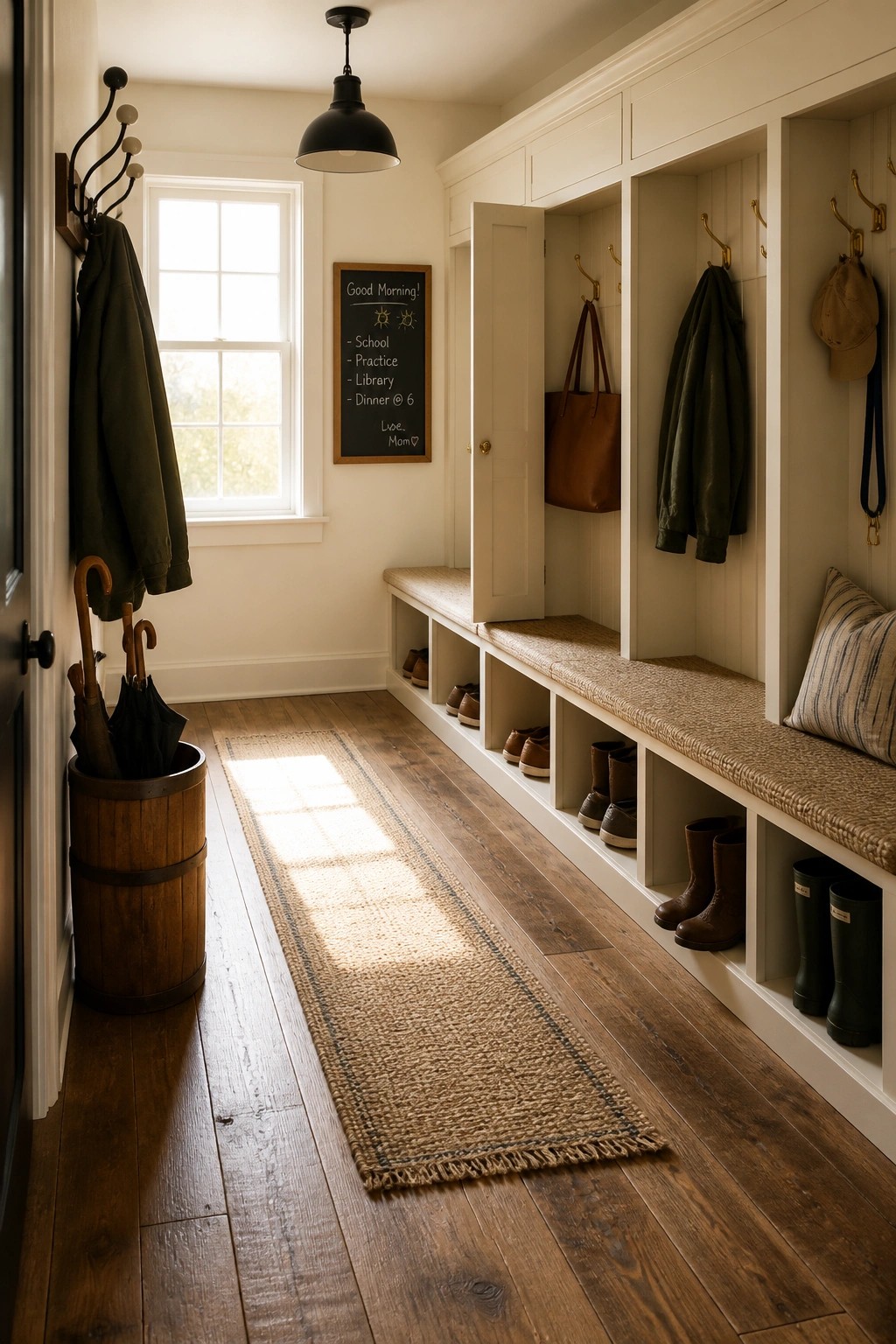 A mudroom interior with wide plank wood flooring, white built-in cubby benches, coat hooks, and a jute runner on the floor.
