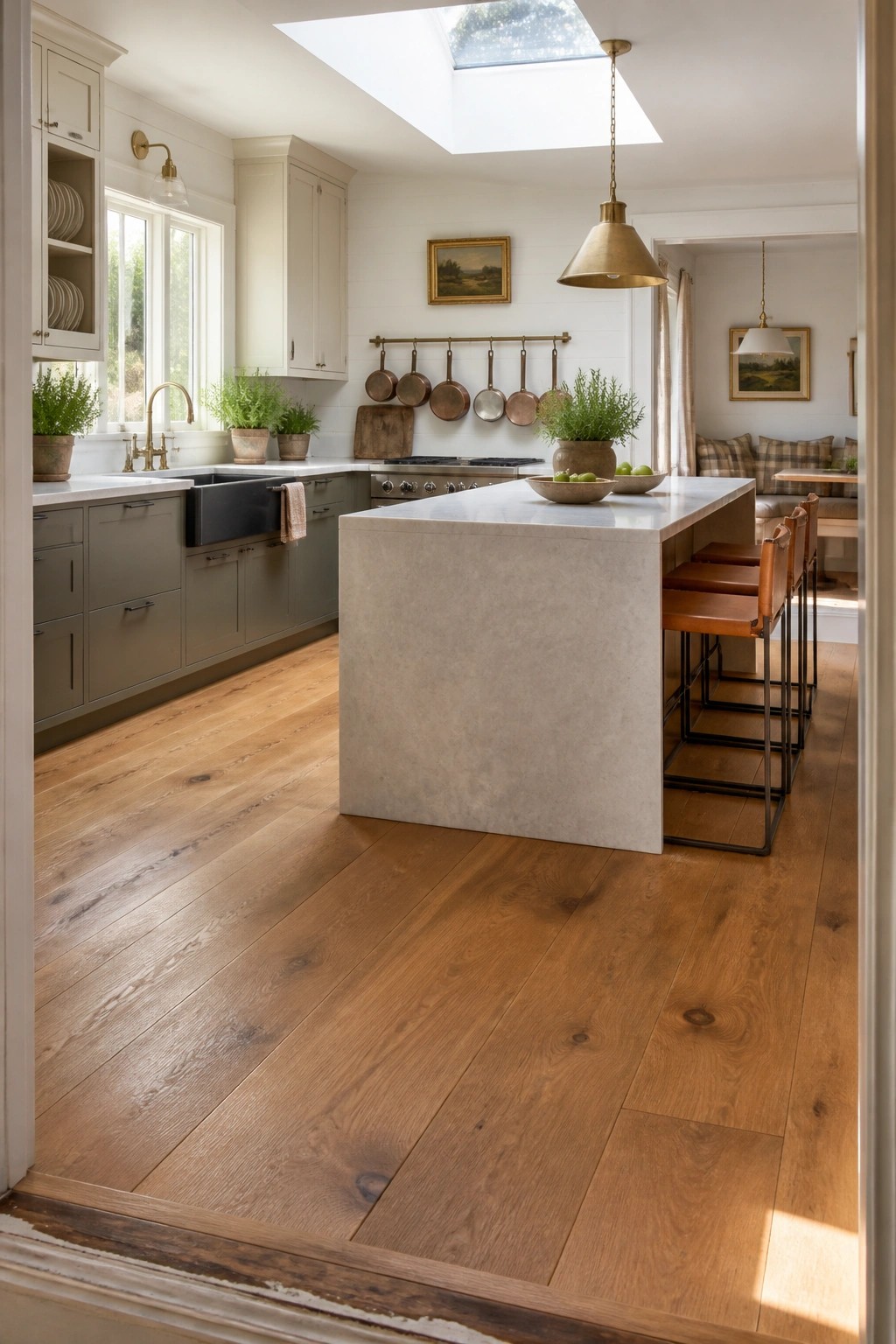 A kitchen with wide plank hardwood flooring, a concrete island with bar stools, gray lower cabinets, white upper cabinets, a black farmhouse sink, and a skylight overhead.