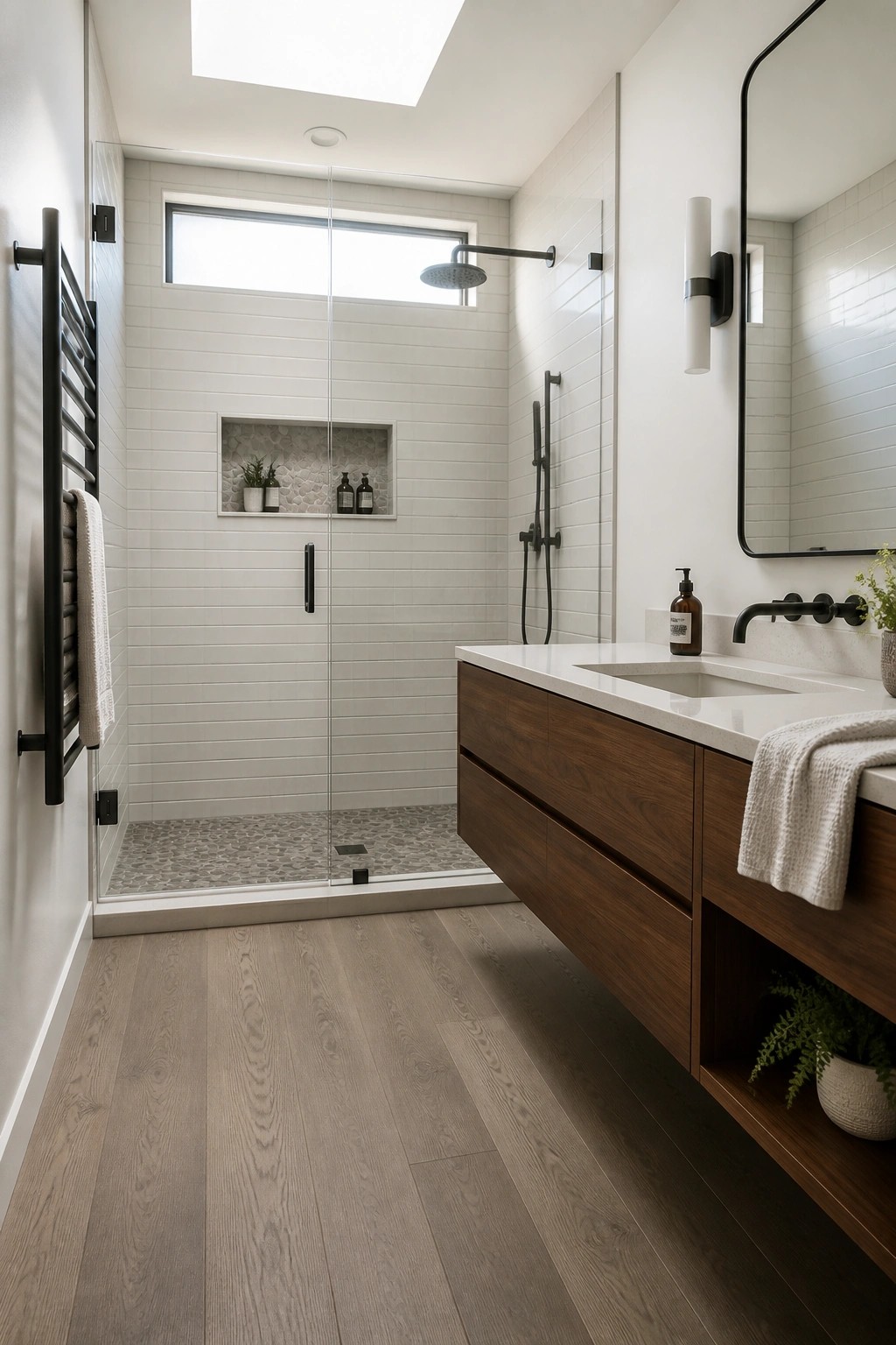 A bathroom interior showing light wood flooring, a glass-enclosed shower, and a floating wood vanity with white countertop.
