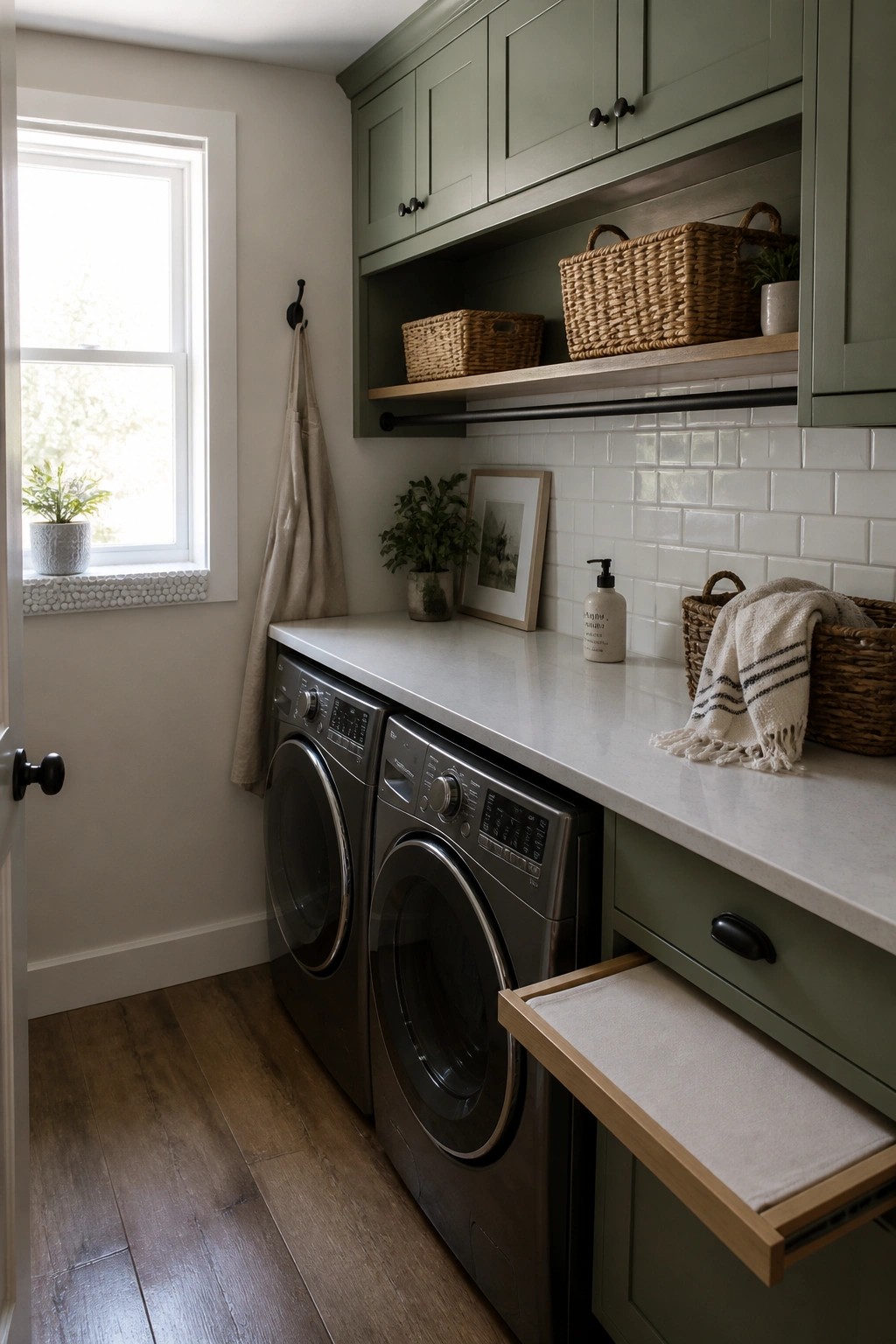A laundry room featuring dark wood flooring, two front-loading washing machines under a white countertop, sage green cabinets with an open drawer, and white subway tile on the wall.