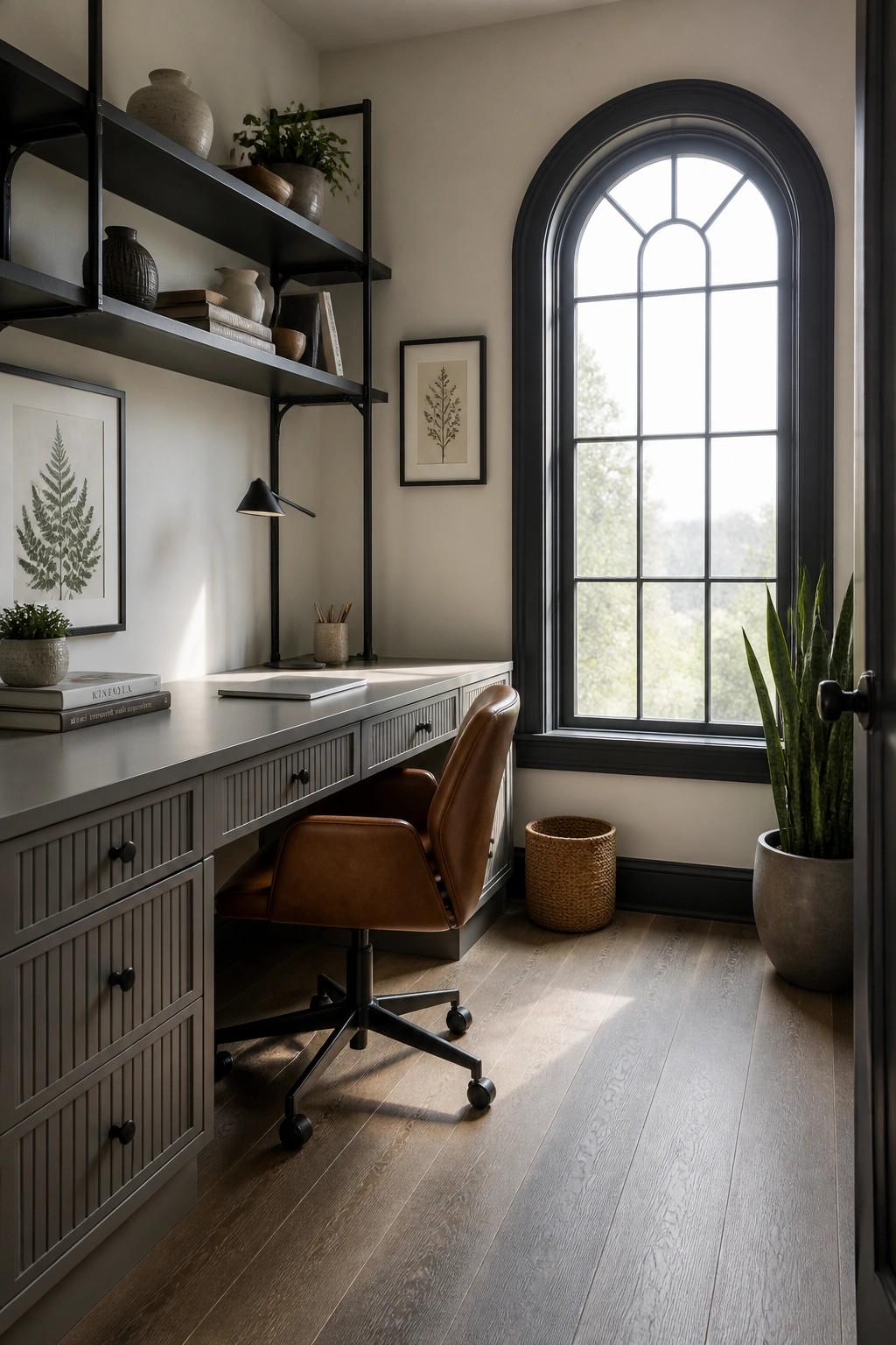 A home office with a gray desk, brown leather office chair, black open shelving, framed prints, and a large arched window, shown on medium tone wood flooring.
