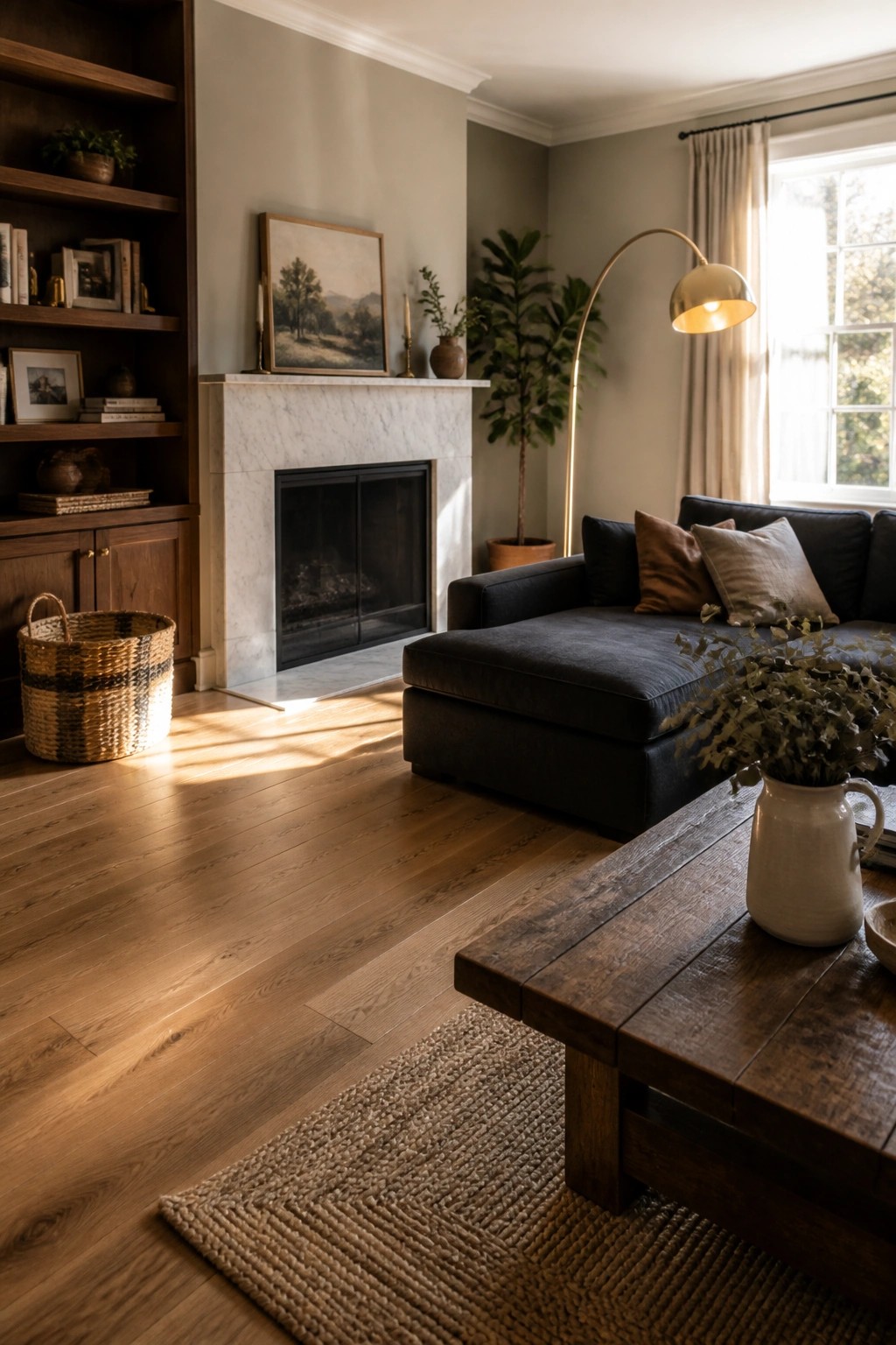 A living room with wide plank hardwood flooring, a dark sectional sofa, marble fireplace, built-in wooden shelves, and a woven basket on the floor.