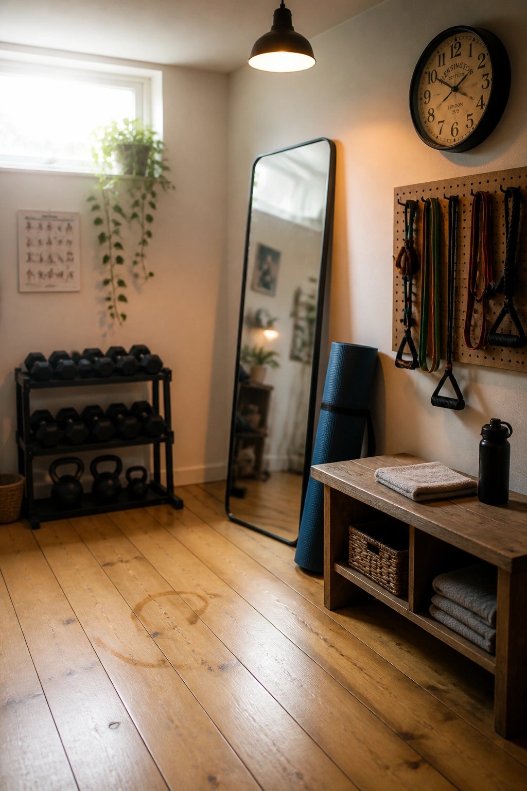 A home gym interior with light wood plank flooring, a dumbbell rack, full-length mirror, and resistance bands on a pegboard wall.