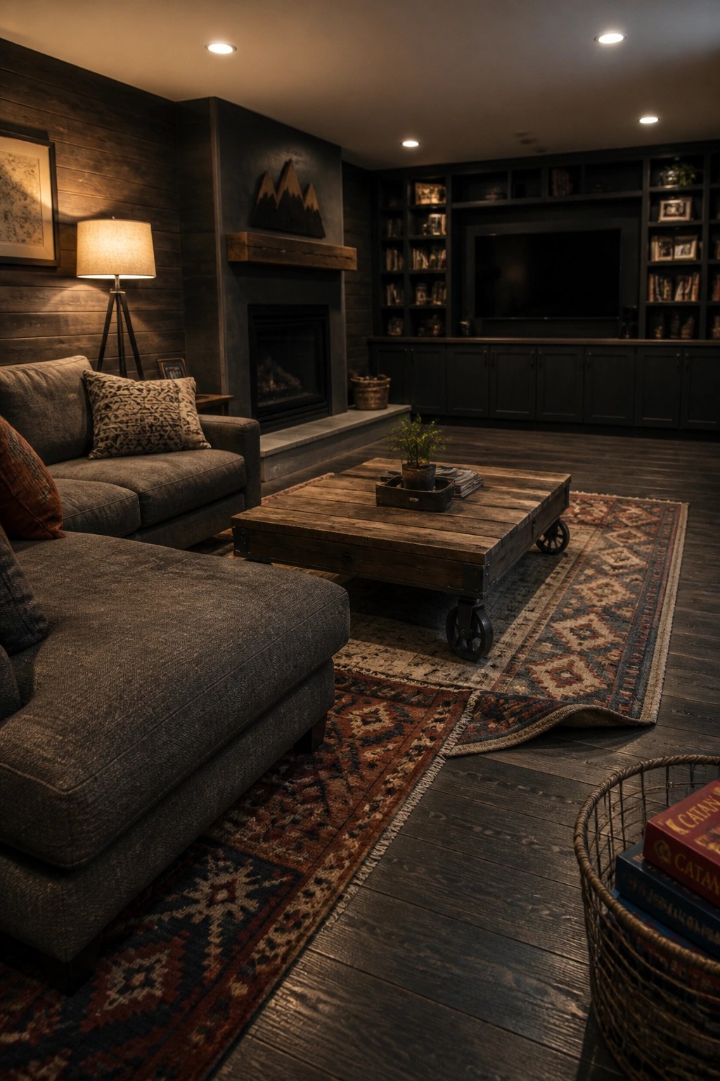 A living room with dark wood plank flooring, a gray sectional sofa, a rustic wooden coffee table on wheels, patterned area rugs, and a fireplace with dark built-in shelving.