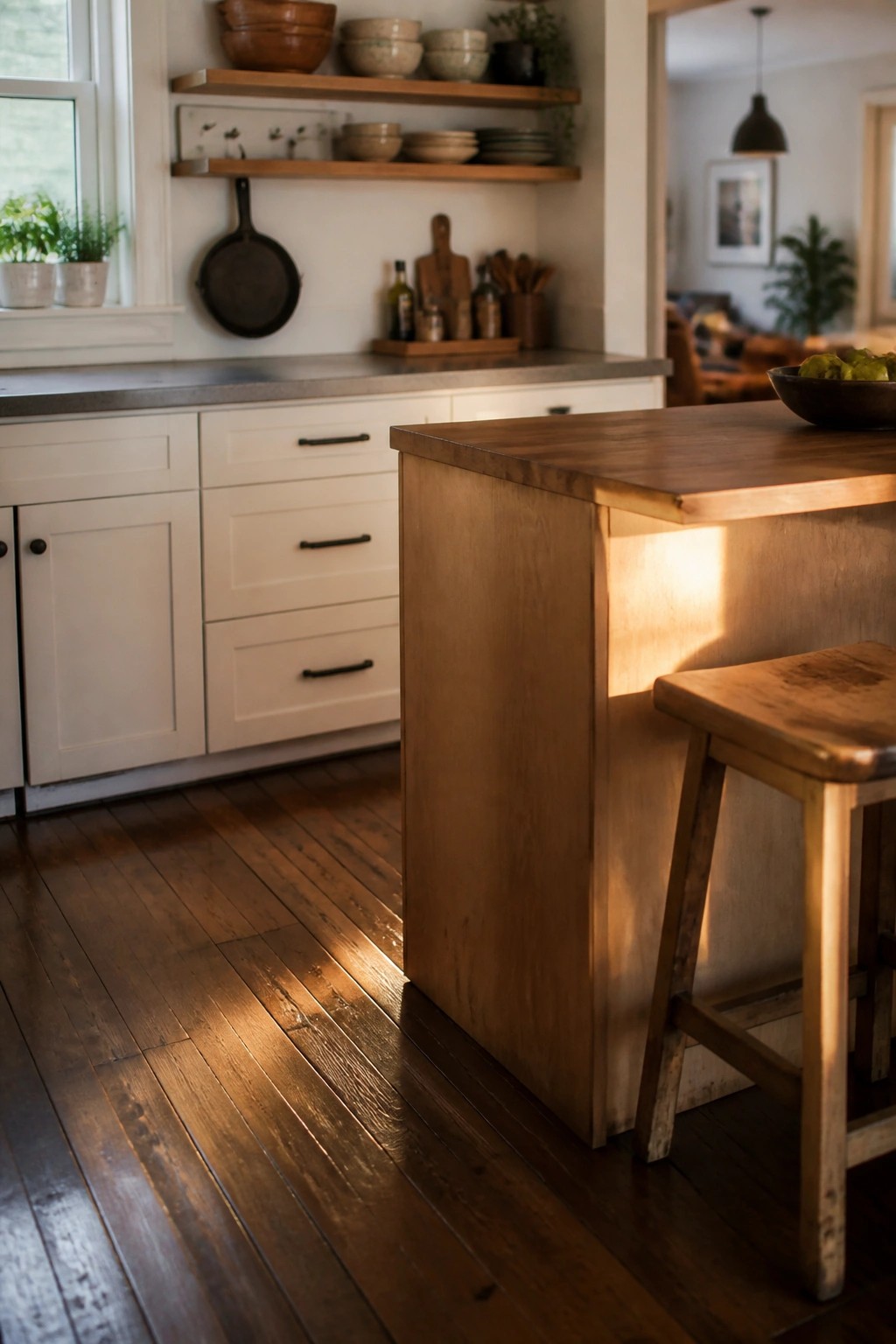 A kitchen with dark wood flooring, white cabinets, a wooden island, and a wooden stool.