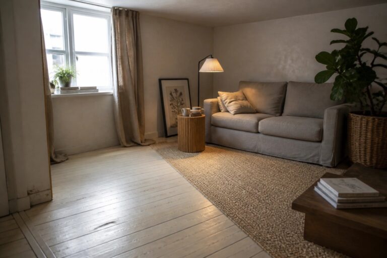 20 Affordable DIY Wood Flooring Ideas Using Budget Friendly Materials Gray sofa with pillows beside black floor lamp, potted plant, and jute rug.