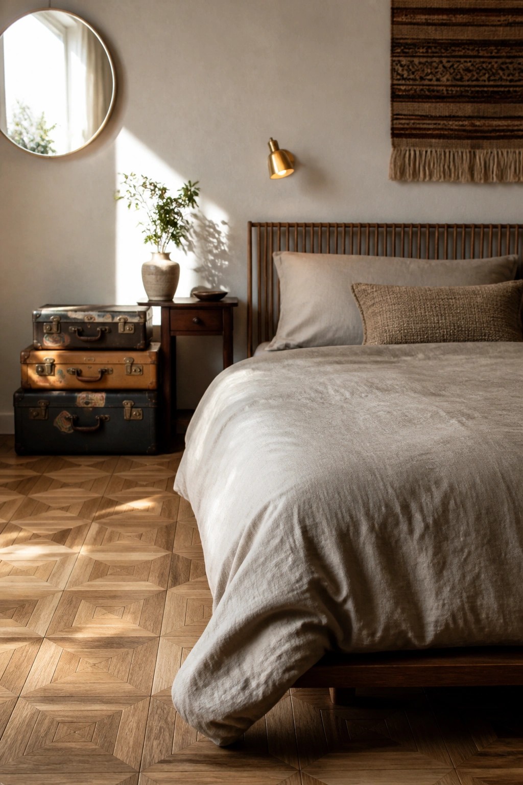 A bedroom interior showing a light wood parquet floor with a geometric pattern, a bed with beige linens, and stacked vintage suitcases next to a wooden nightstand.