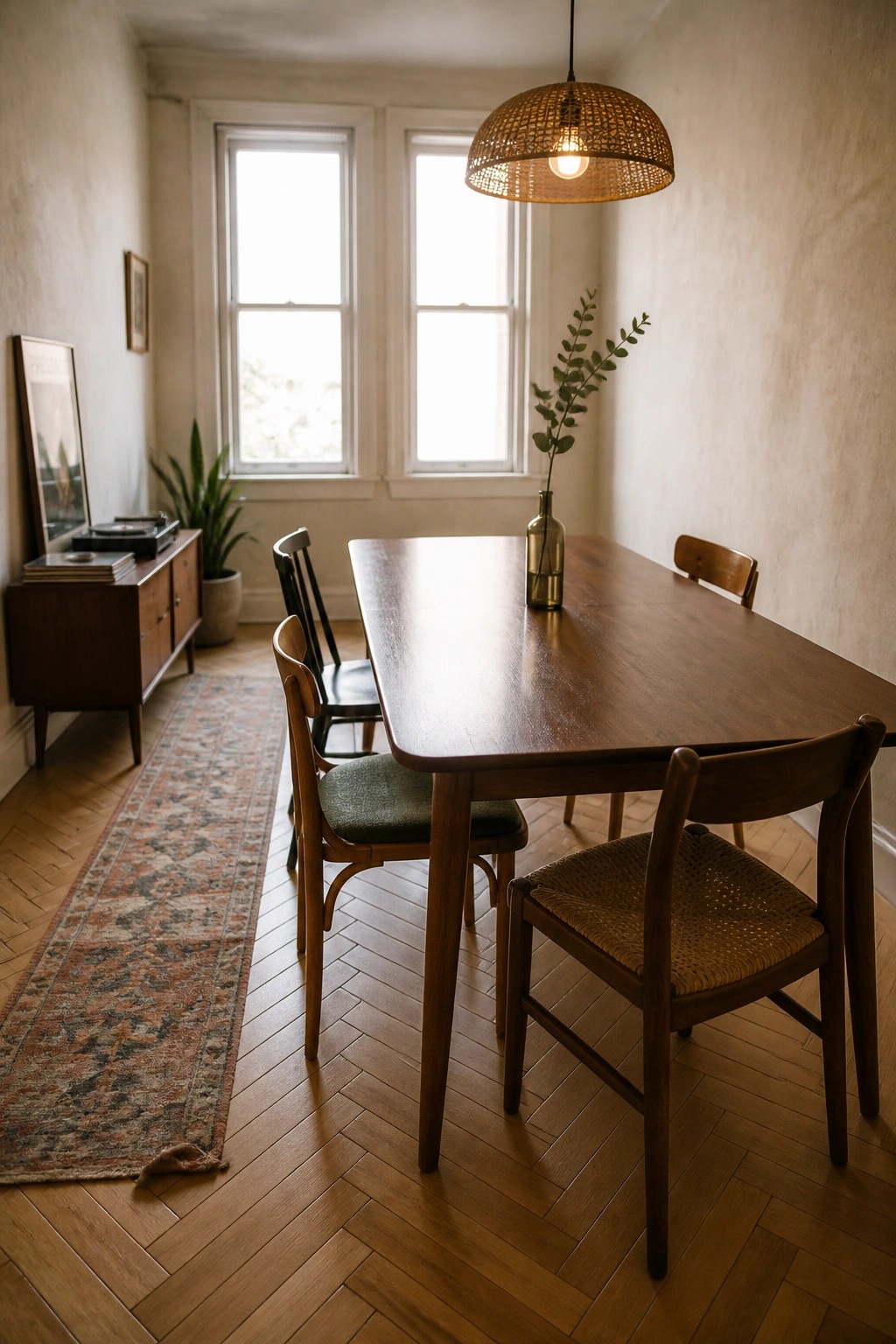 A dining room interior featuring a long wooden table with chairs, a herringbone wood floor, and two windows in the background.