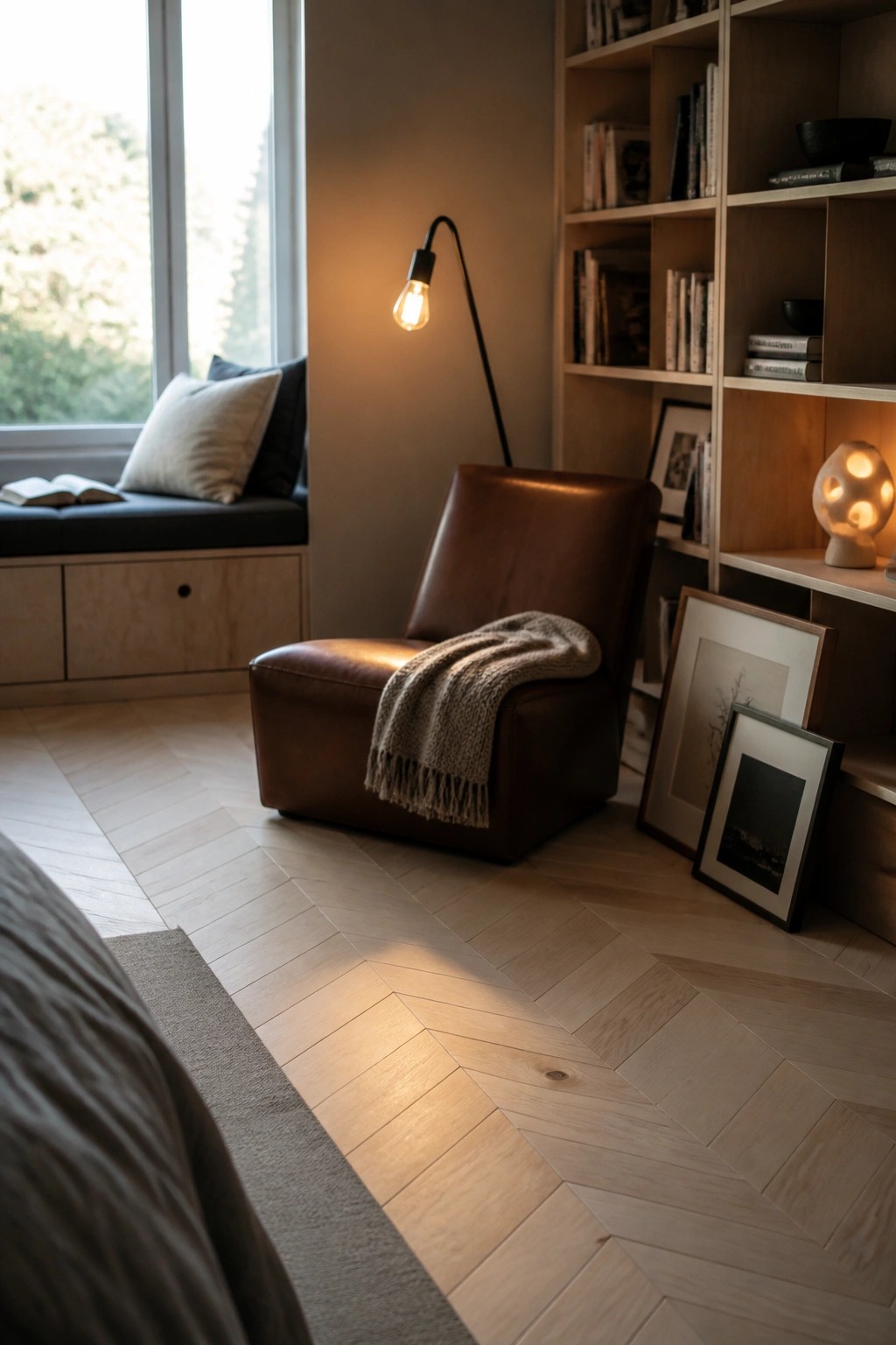 A light wood herringbone floor in a room with a brown leather chair, built-in bookshelves, and a window seat with pillows.