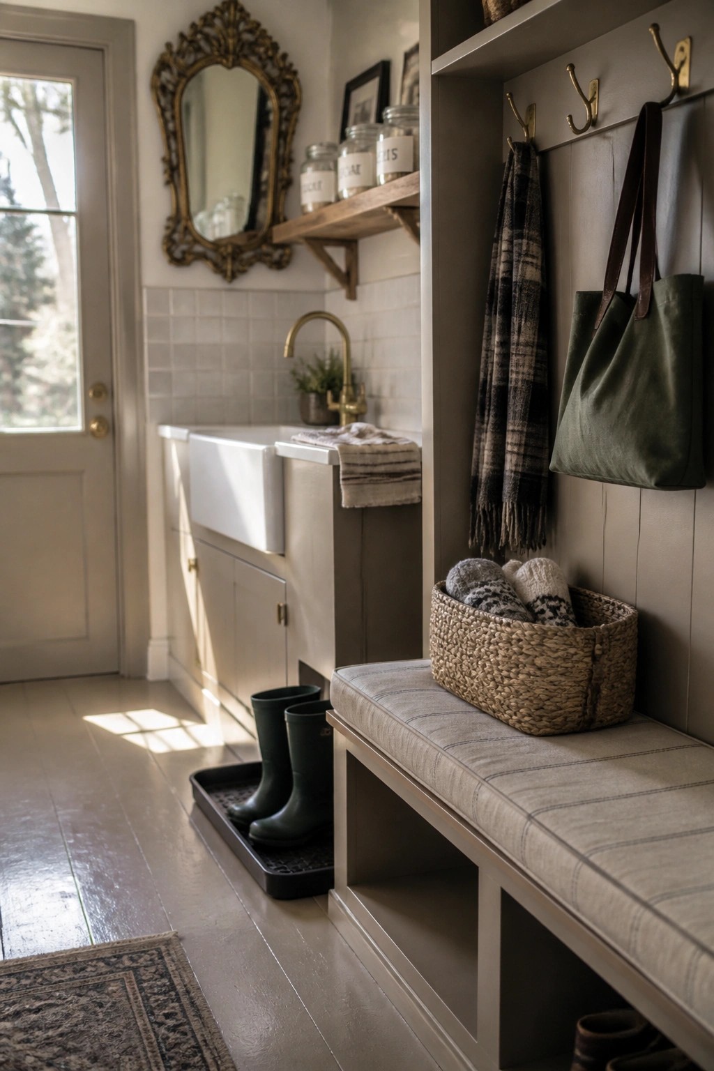Light wood plank flooring in a mudroom with a built-in bench, wall hooks, and a utility sink area.