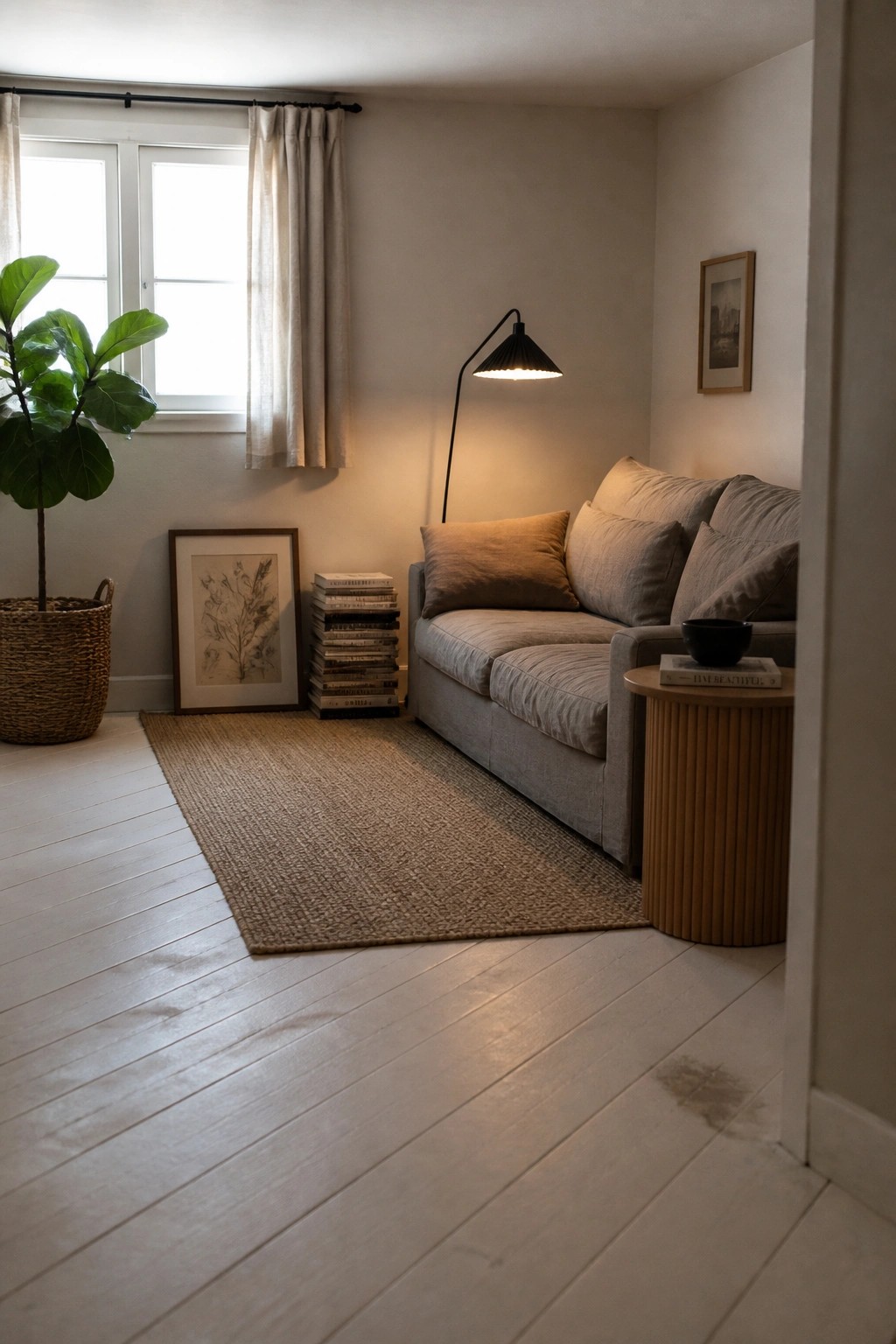 Gray sofa with pillows beside black floor lamp, potted plant, and jute rug.