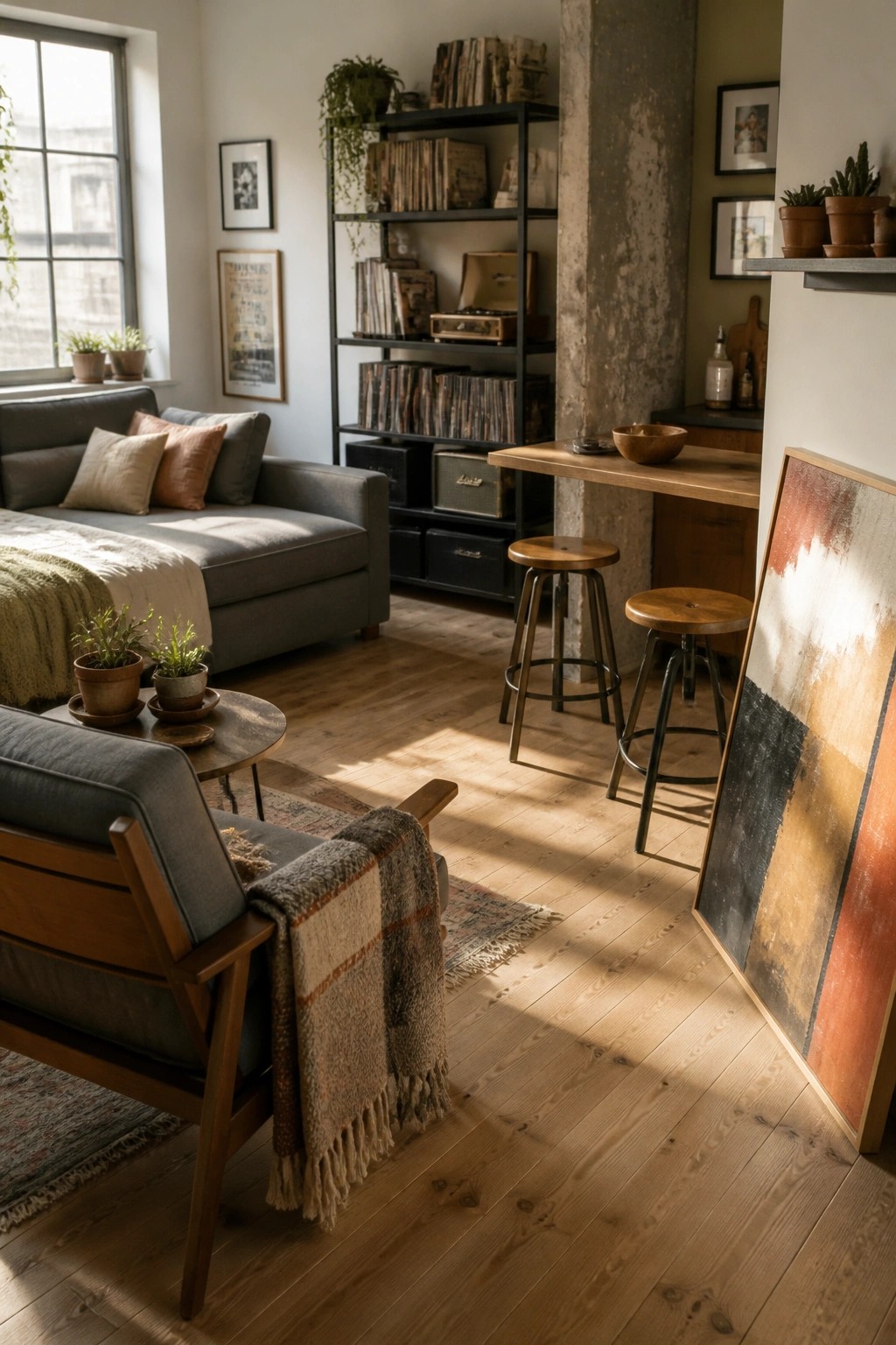 A living room interior with light wood plank flooring, a gray sofa, wooden armchair, round coffee table, black bookshelf, and two wooden stools at a high table.