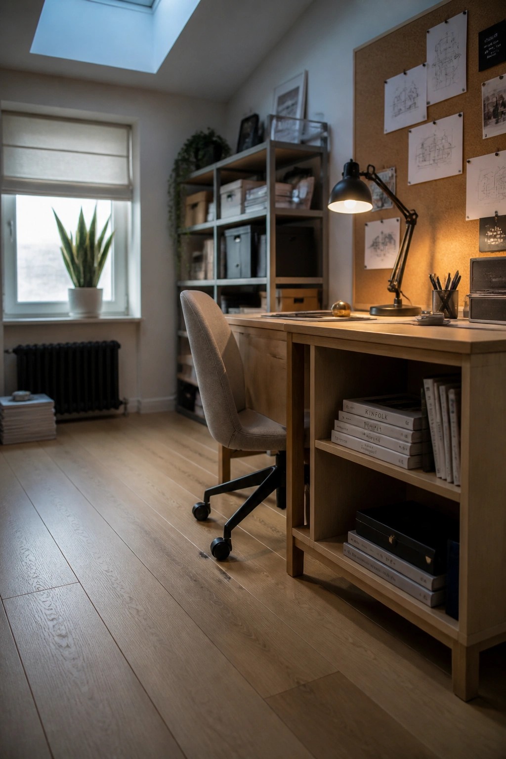 A home office interior showing light wood flooring, a wooden desk with a black office chair, and a window with a potted plant on the sill.