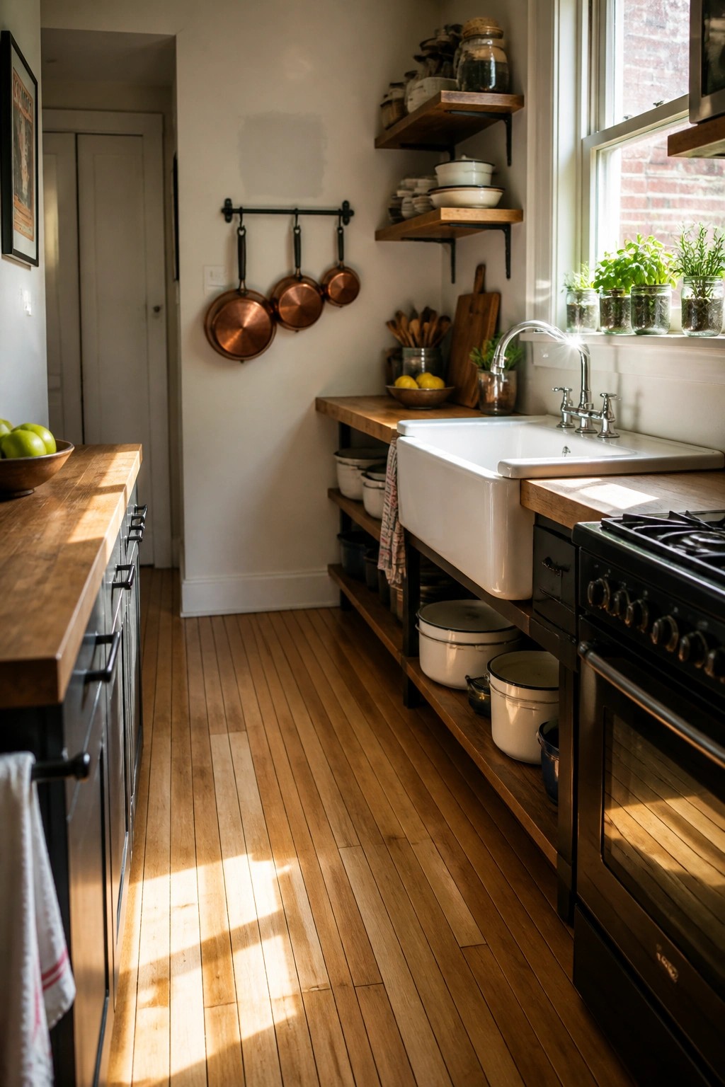 A narrow kitchen with light wood plank flooring, a white farmhouse sink, wooden countertops, and open wooden shelves.