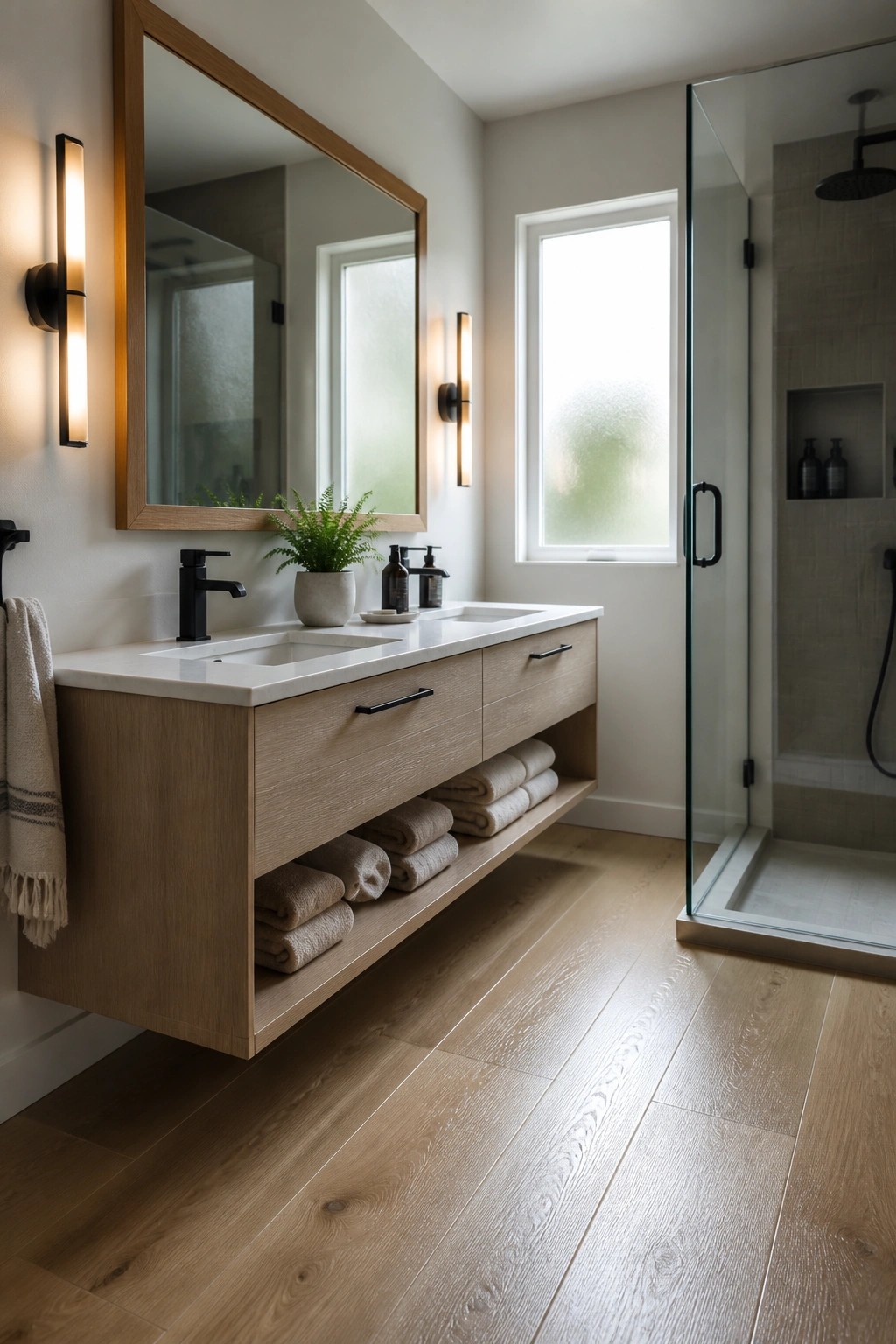 A modern bathroom with light wood plank flooring, a floating light wood vanity with white countertop, black faucets, and a glass shower enclosure.