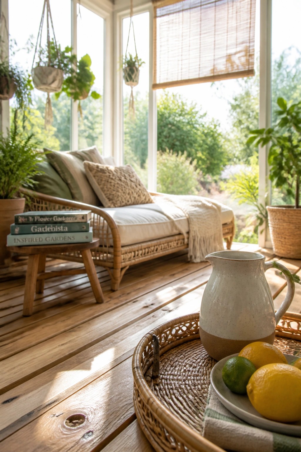 A sunroom interior with wide wooden plank flooring, a rattan daybed with pillows, hanging plants, and a woven tray holding a ceramic pitcher and plate of lemons and limes in the foreground.