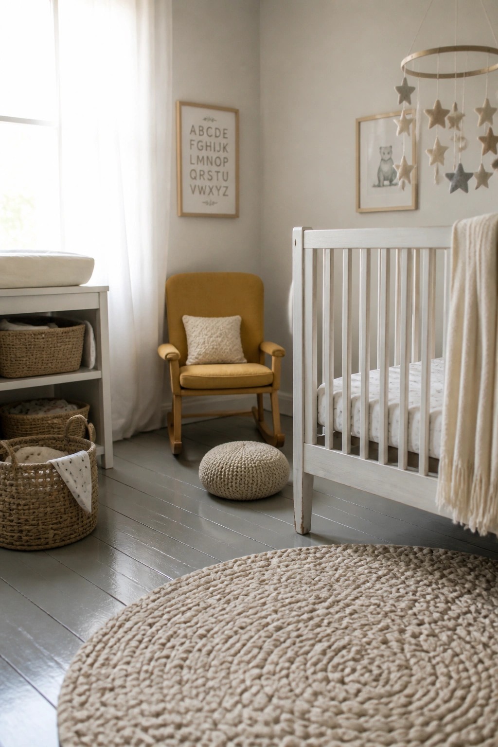 Cozy nursery with white crib, yellow rocker, star mobile, woven rug and baskets.