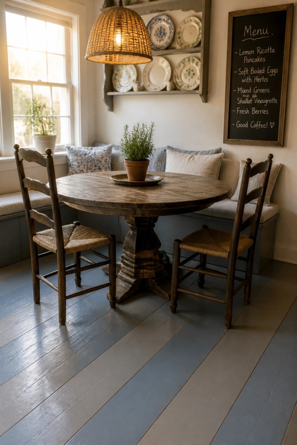 A round wooden table with two chairs on a blue-gray painted plank floor inside a dining area with a window seat and chalkboard.