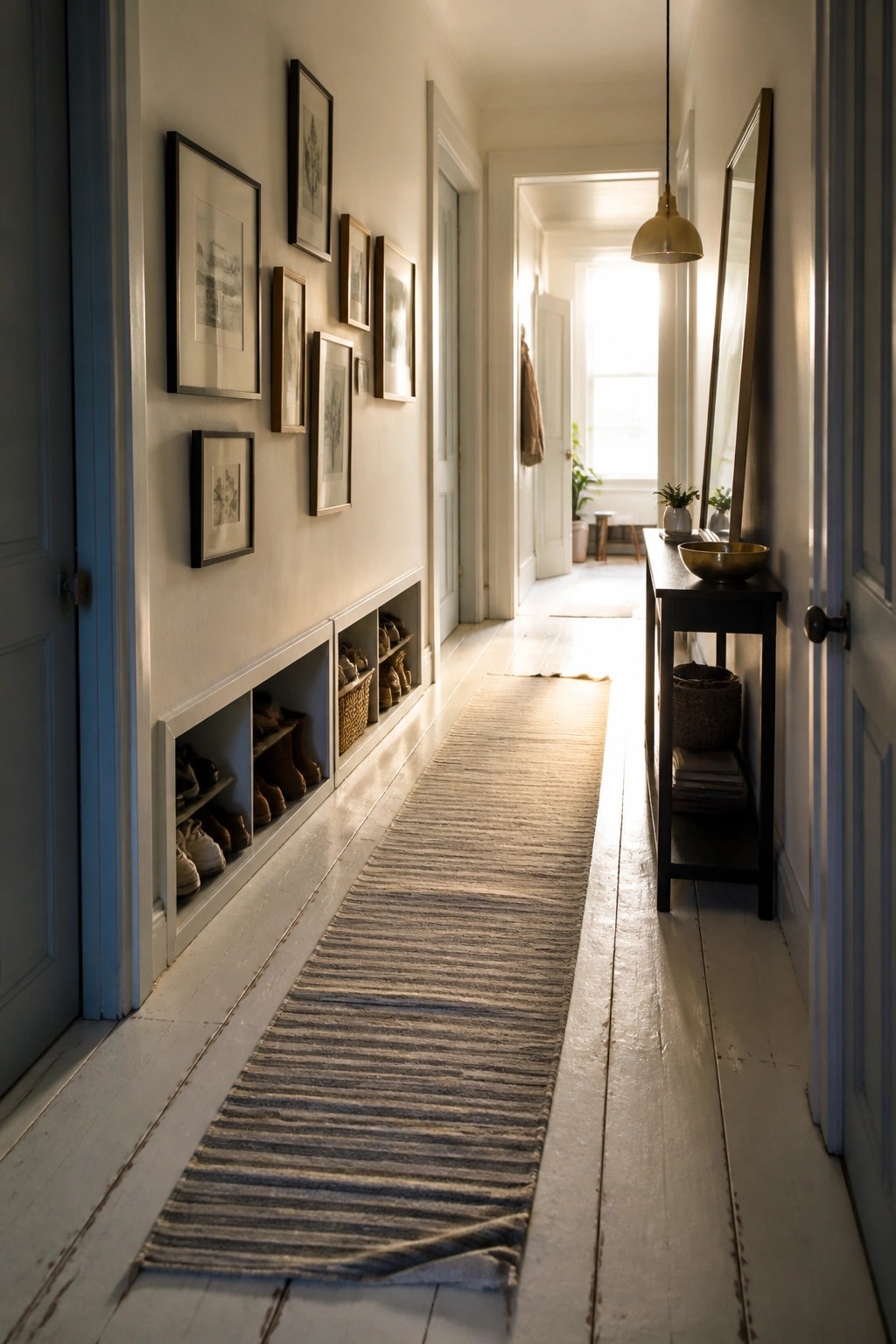 A long narrow hallway with white painted wood floors, a striped runner rug, built-in shoe cubbies along one wall, and framed pictures above them.