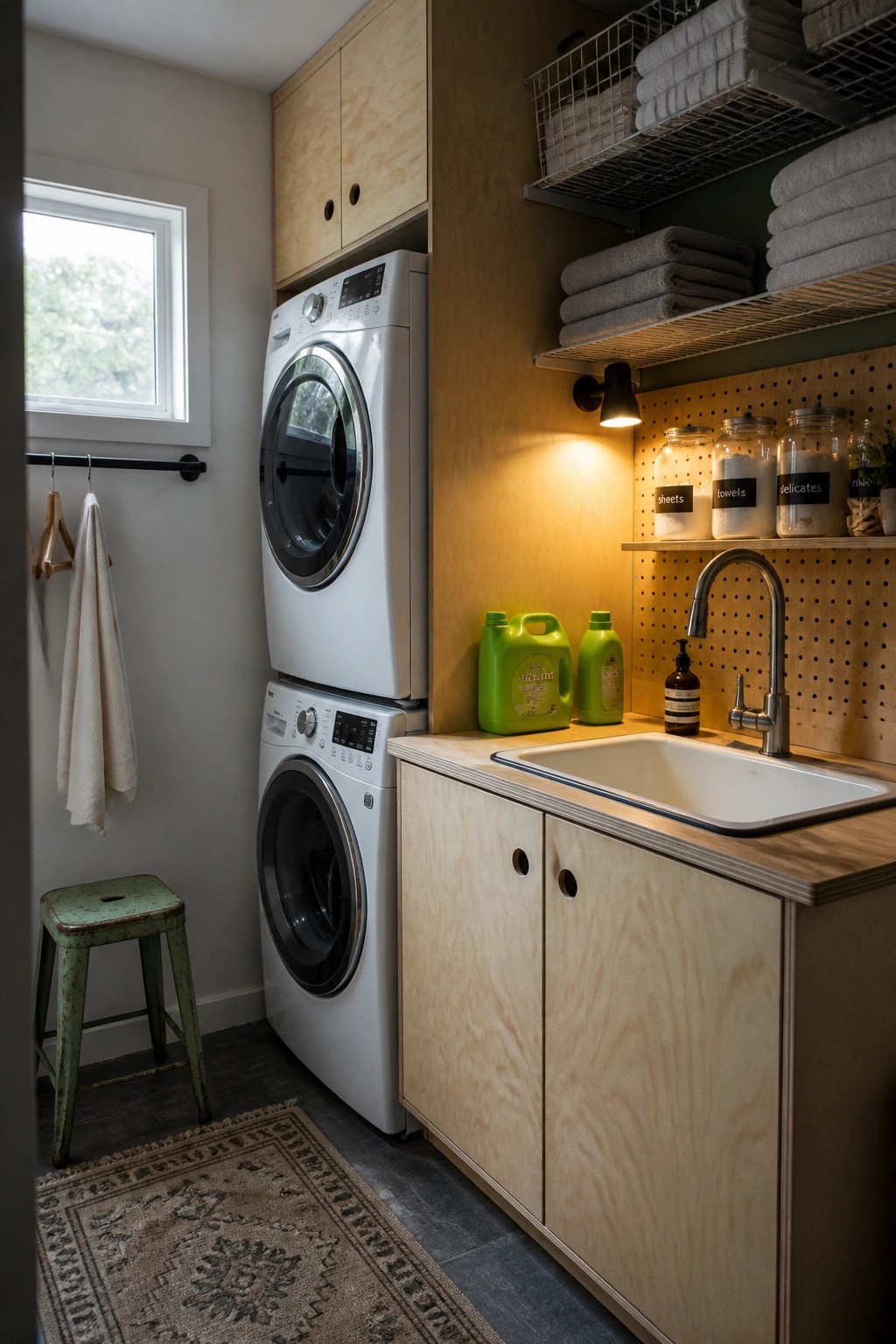 Laundry room with stacked white washer and dryer, light plywood cabinets, sink, and wall storage.