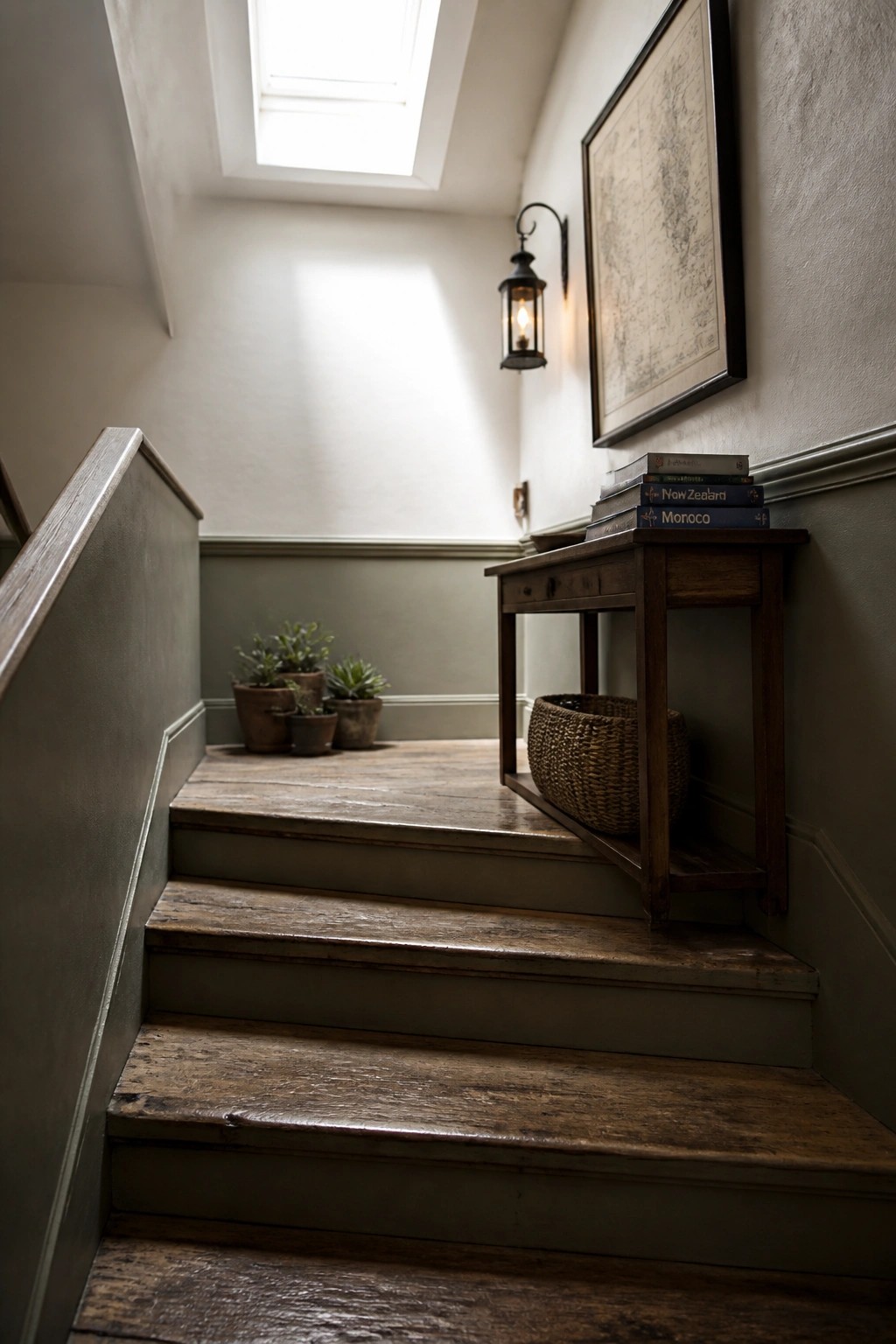 A wooden staircase with worn treads ascends beside a small console table holding stacked books and a woven basket on the lower shelf.