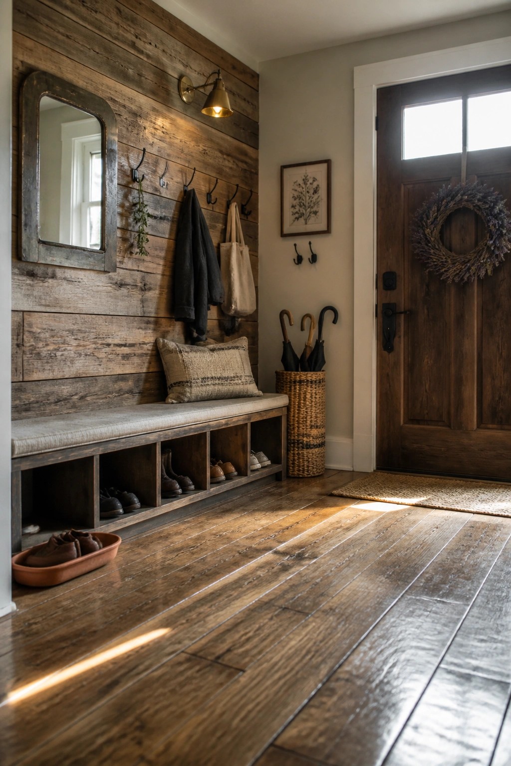 A rustic interior entryway featuring wide plank wood flooring, a built-in bench with cubby storage, wall hooks, and a wooden front door.