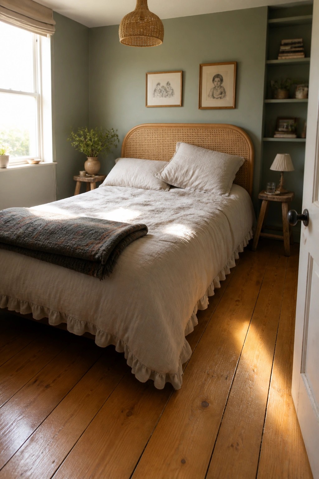 A bedroom with a wooden bed, white linens, and wide plank hardwood floors lit by sunlight from a window.