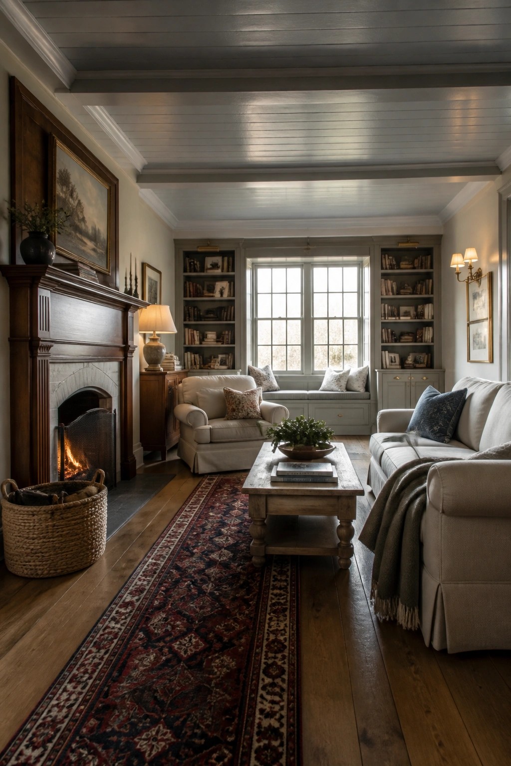 A living room with a light gray painted wood plank ceiling, white walls, a wooden fireplace, built-in bookshelves flanking a window seat, and neutral upholstered furniture arranged around a wooden coffee table on a patterned rug.