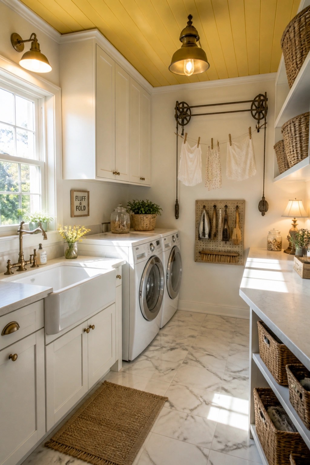 A laundry room with white cabinets, a farmhouse sink, washer and dryer, and a bright yellow painted wood ceiling.