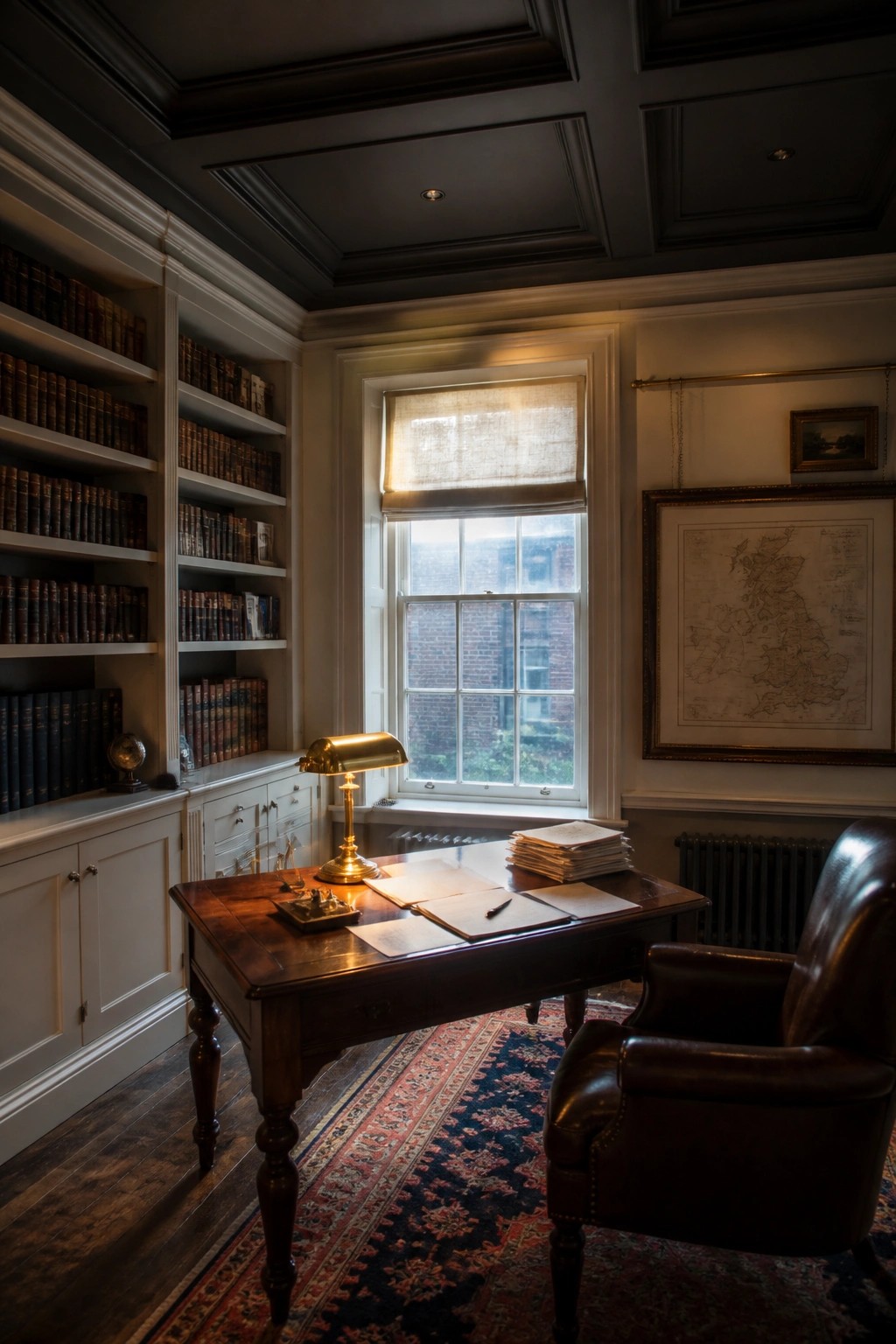 A traditional study featuring a dark painted wood ceiling, white built-in bookshelves along one wall, a wooden desk with papers, and a window with a rolled shade overlooking a brick building.