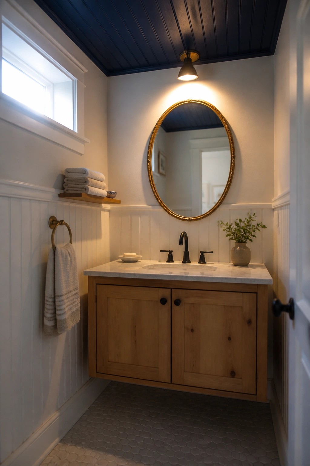 A bathroom interior featuring a dark blue painted wood ceiling, white beadboard walls, a floating wooden vanity with marble top, and a round gold-framed mirror above the sink.