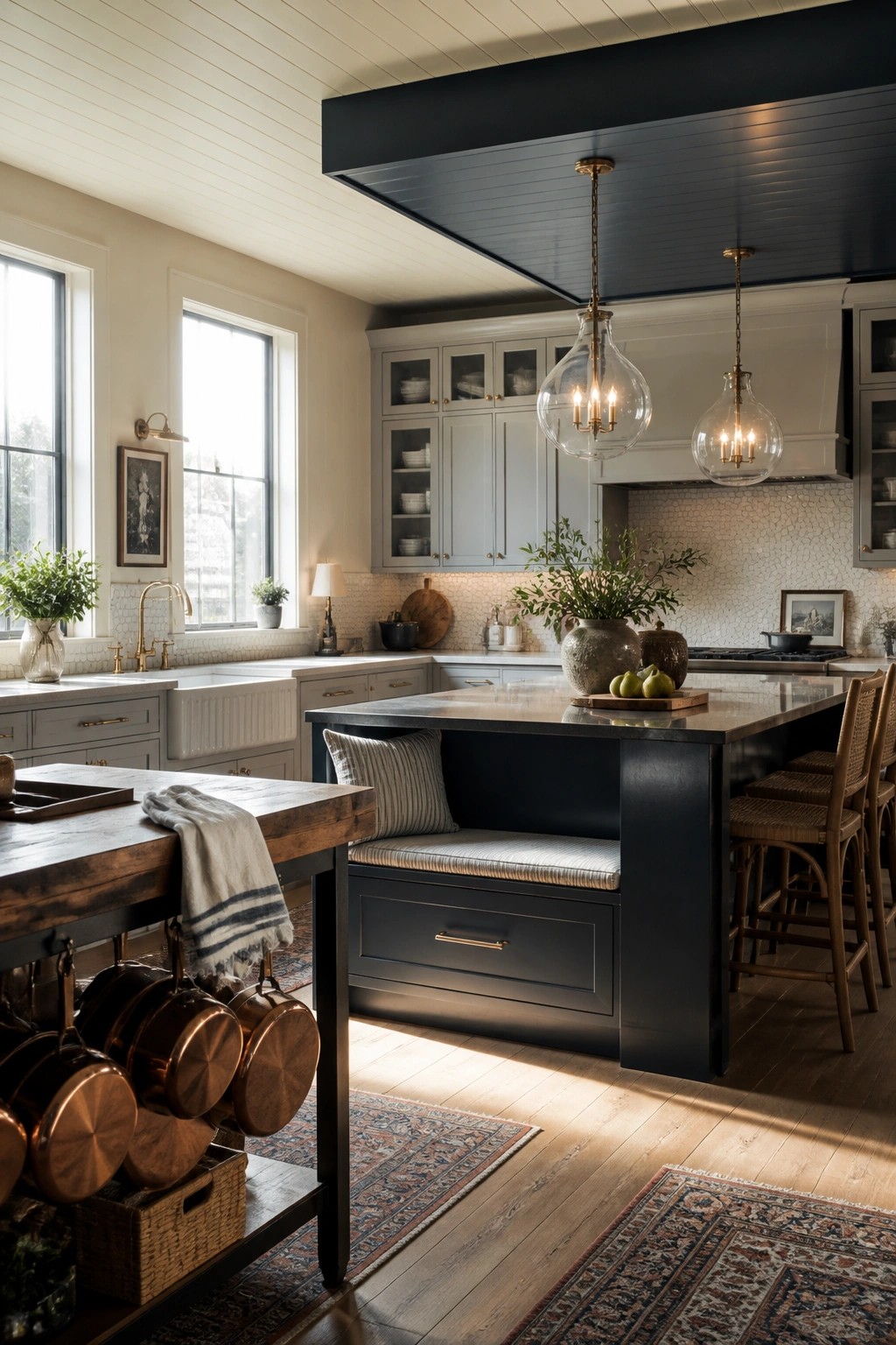 A kitchen interior with light gray cabinets, white walls, and a dark painted wood ceiling over a central island with seating.