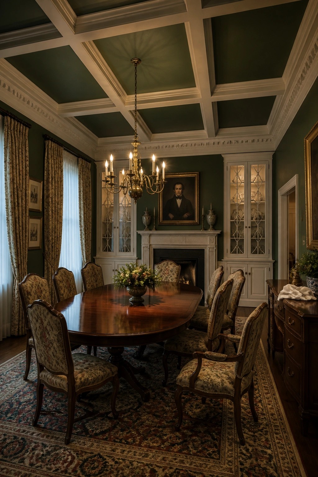 A traditional dining room with a deep green coffered ceiling, white trim, a wooden table, upholstered chairs, and a fireplace with a portrait above it.