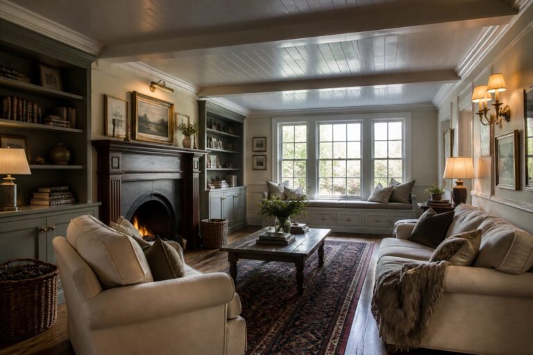 A living room with a light gray painted wood plank ceiling, white walls, a wooden fireplace, built-in bookshelves flanking a window seat, and neutral upholstered furniture arranged around a wooden coffee table on a patterned rug.