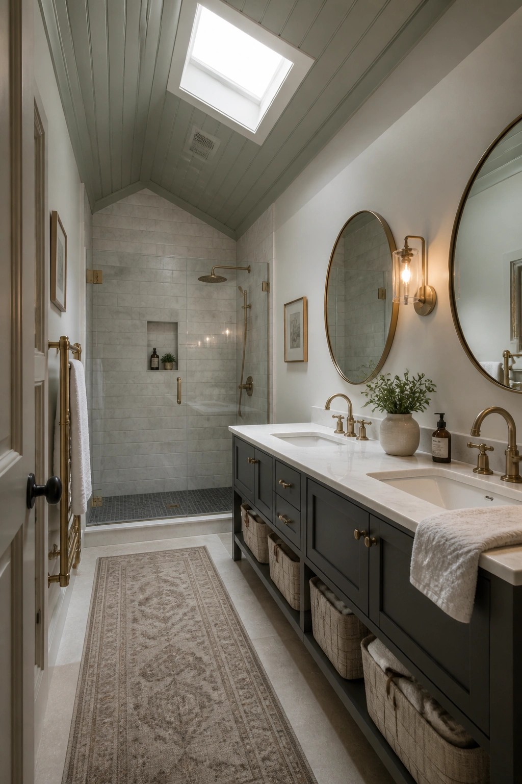 A bathroom with a vaulted ceiling of painted light green wood planks, a glass shower, and a long dark vanity with white marble top and round mirrors.