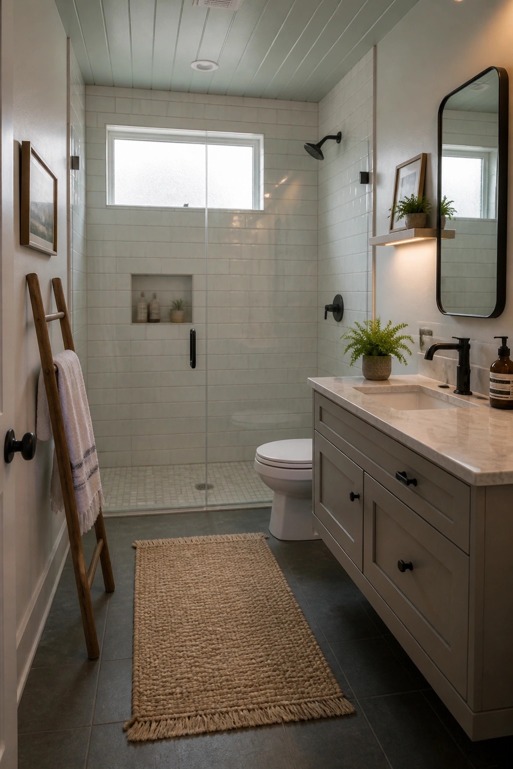 A bathroom interior showing a light green painted wood plank ceiling above white subway tile walls, a glass shower enclosure, a white toilet, and a gray vanity with marble countertop.