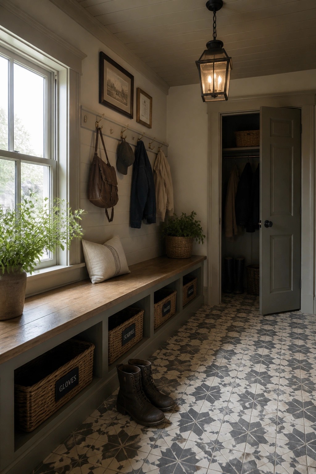 An interior mudroom with a white painted wood plank ceiling, built-in bench storage, wall hooks, and patterned tile floor.