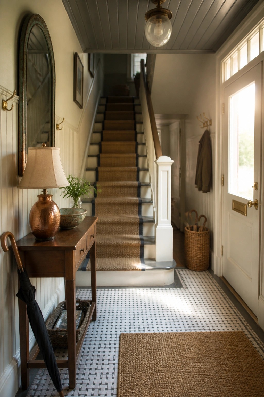 A narrow interior hallway with a painted gray wood plank ceiling, a staircase with woven runner, a wooden console table with lamp, and a white front door on the right.