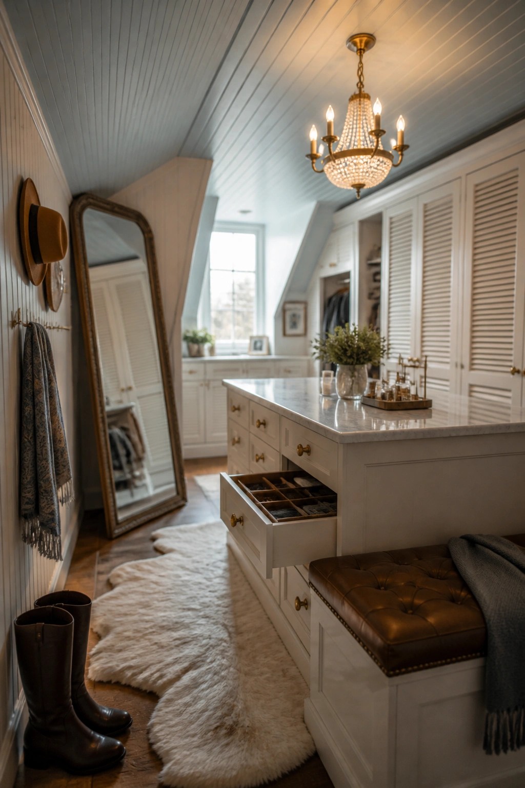 White closet with marble island, open jewelry drawer, chandelier, leather bench, and mirror