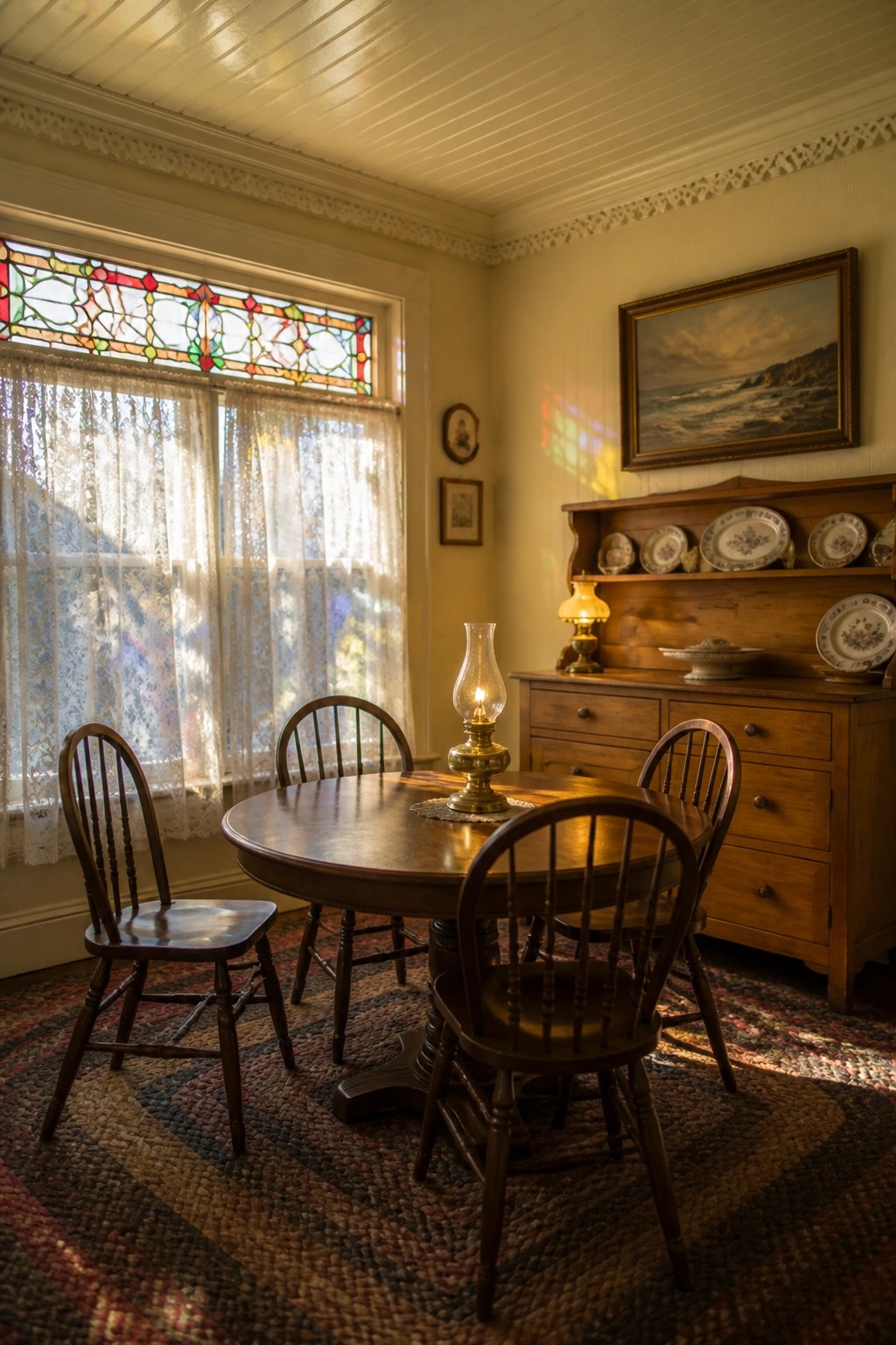 A traditional dining room with a round wooden table, four spindle-back chairs on a braided rug, lace curtains, a stained glass window, and a white painted wood plank ceiling.