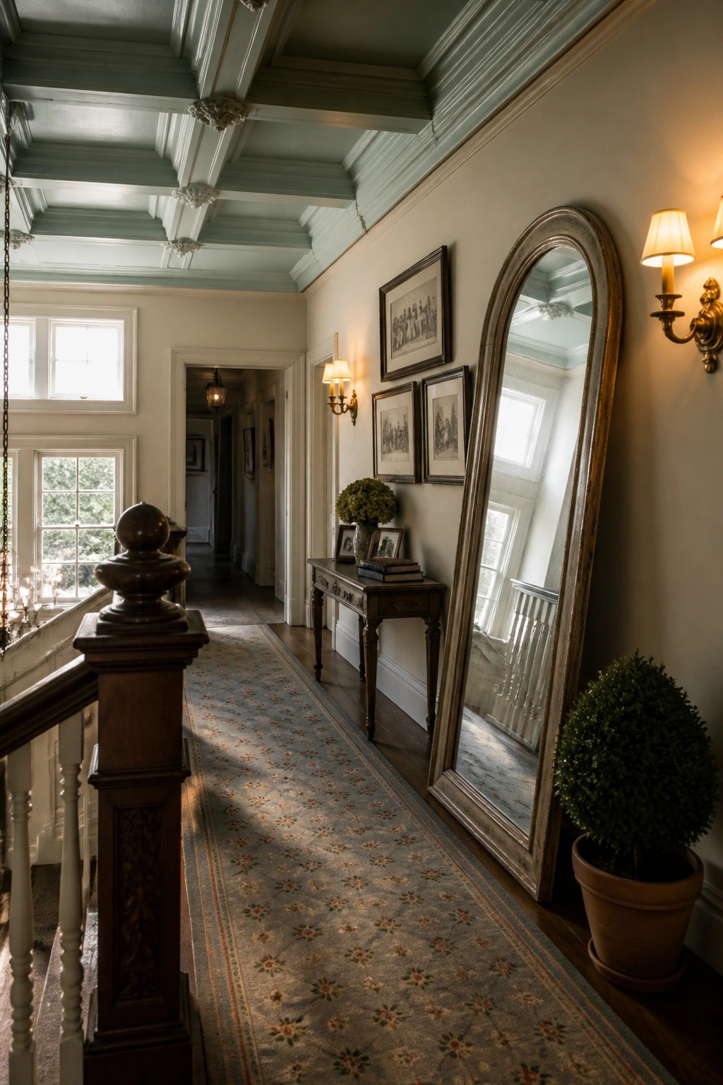 A long interior hallway with a painted blue-green wood ceiling, white walls, a patterned runner on the floor, and a tall arched mirror leaning against the right wall.