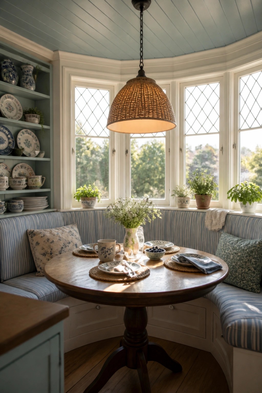 A round wooden table in a bay window dining nook with blue striped banquette seating and a light blue painted wood ceiling.