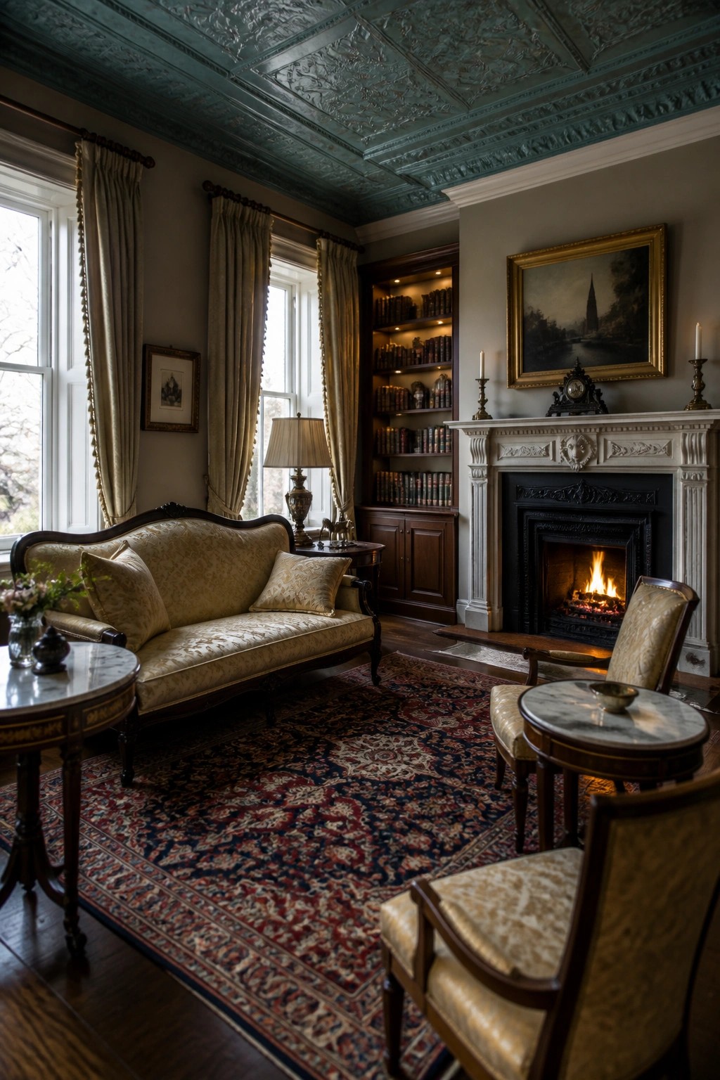A traditional living room with a teal embossed ceiling, white fireplace, patterned sofa, and armchairs on a red rug.