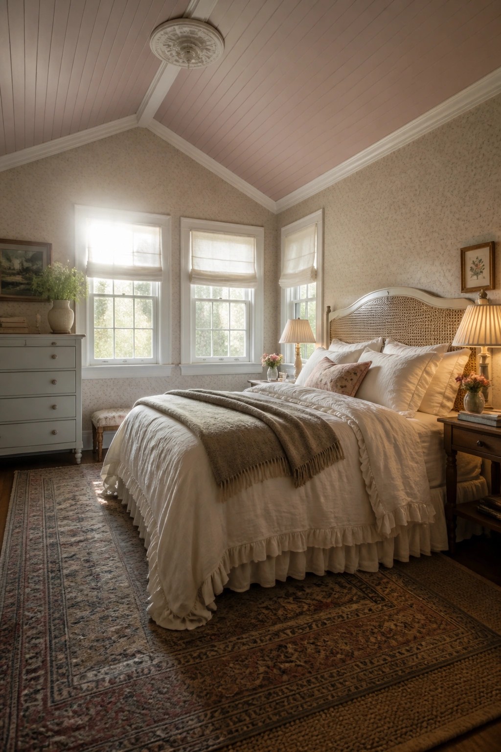A bedroom featuring a vaulted wood ceiling painted soft pink, with white walls, a bed dressed in white and beige linens, three windows, and a patterned rug on the floor.
