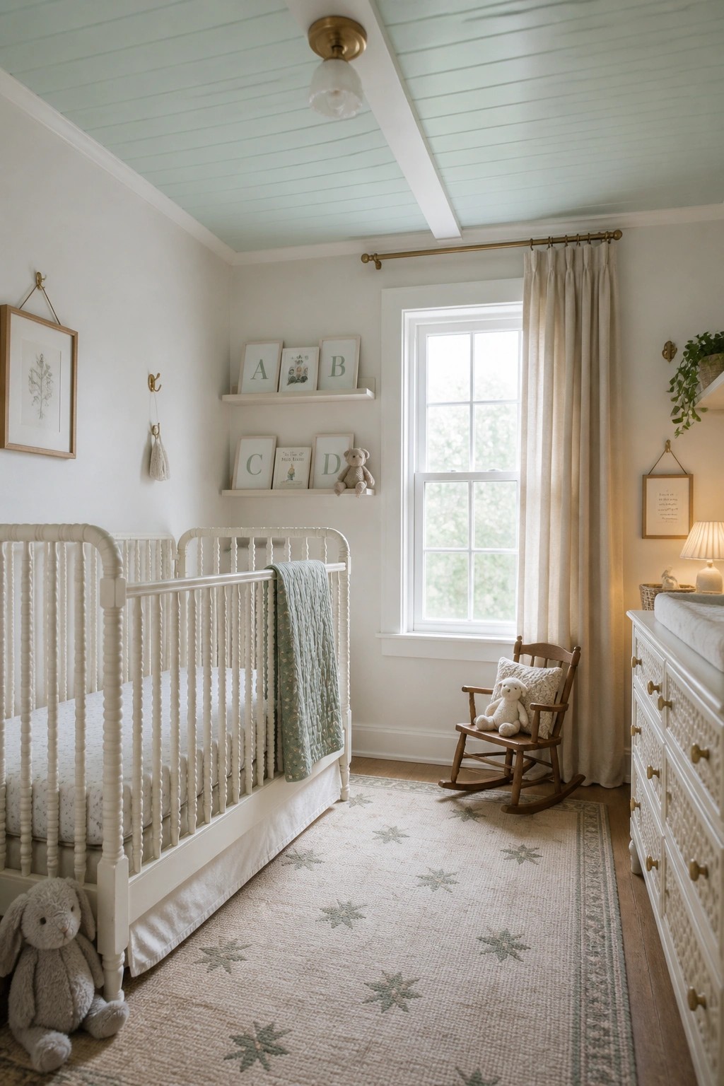 A bright nursery with white furniture, a light green painted wood ceiling, and a star-patterned rug on the floor.