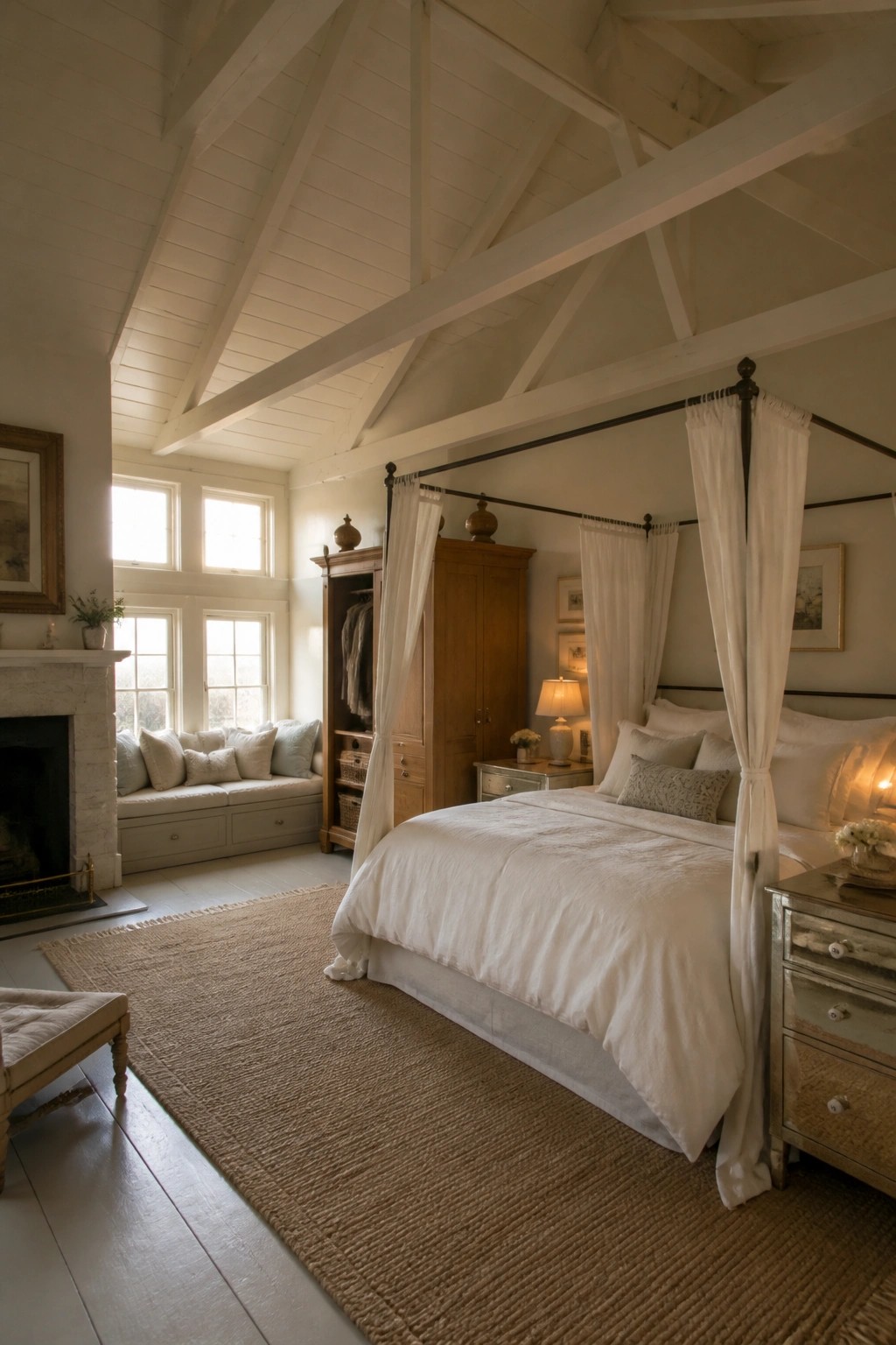 A bedroom interior with a white painted wood ceiling, exposed beams, a four-poster bed with white linens, and a stone fireplace on the left wall.