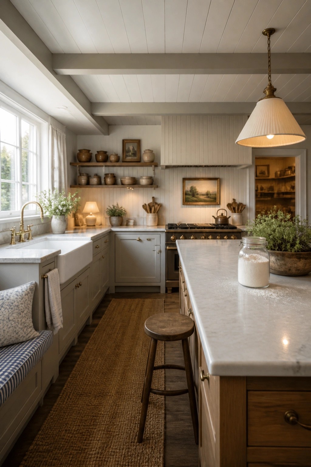 A traditional kitchen with white painted wood ceiling planks and beams, light gray cabinets, a marble island, and a large window on the left.
